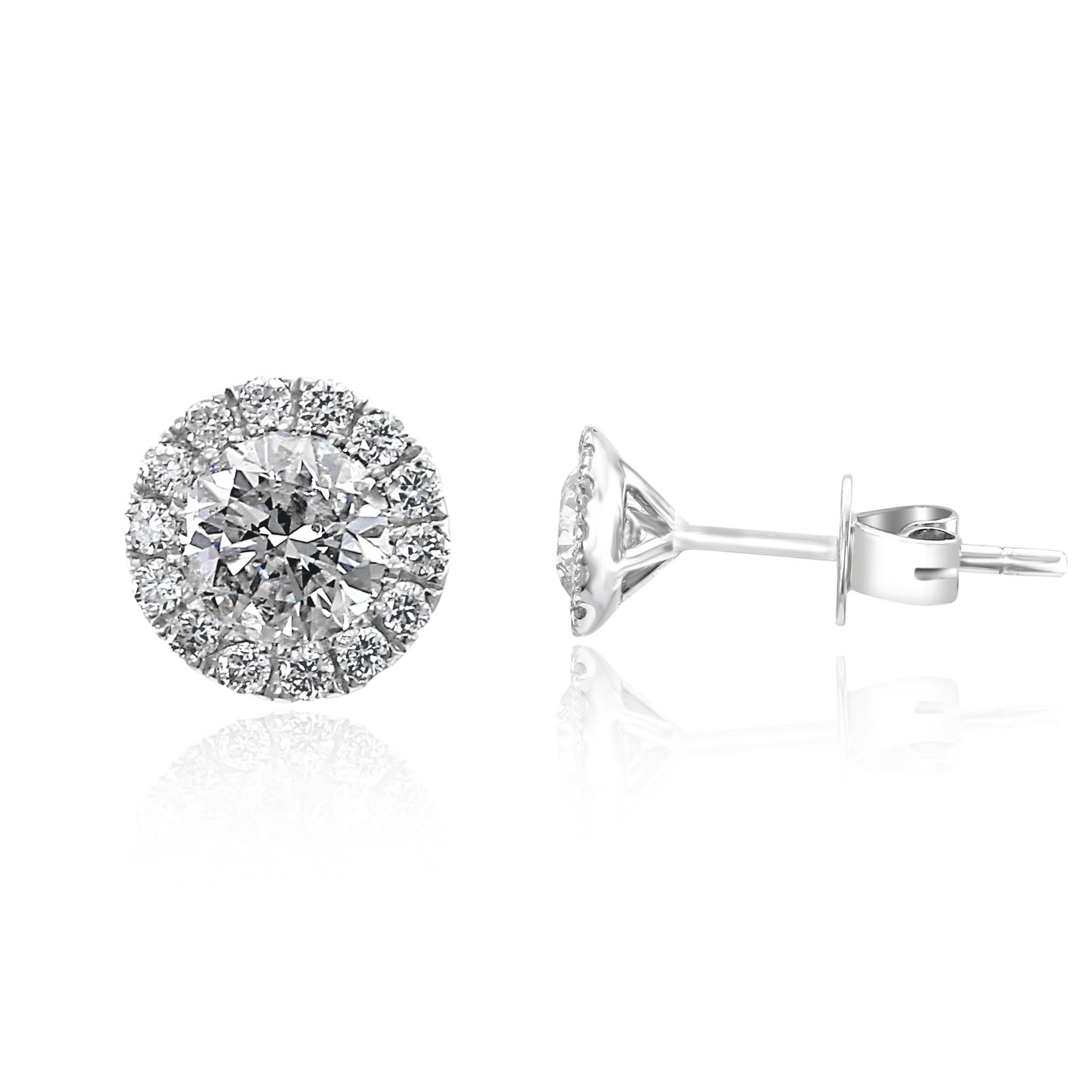 Round Cut 0.76 Carat Diamond Round Halo Martini Style Stud Earring 14 Karat White Gold