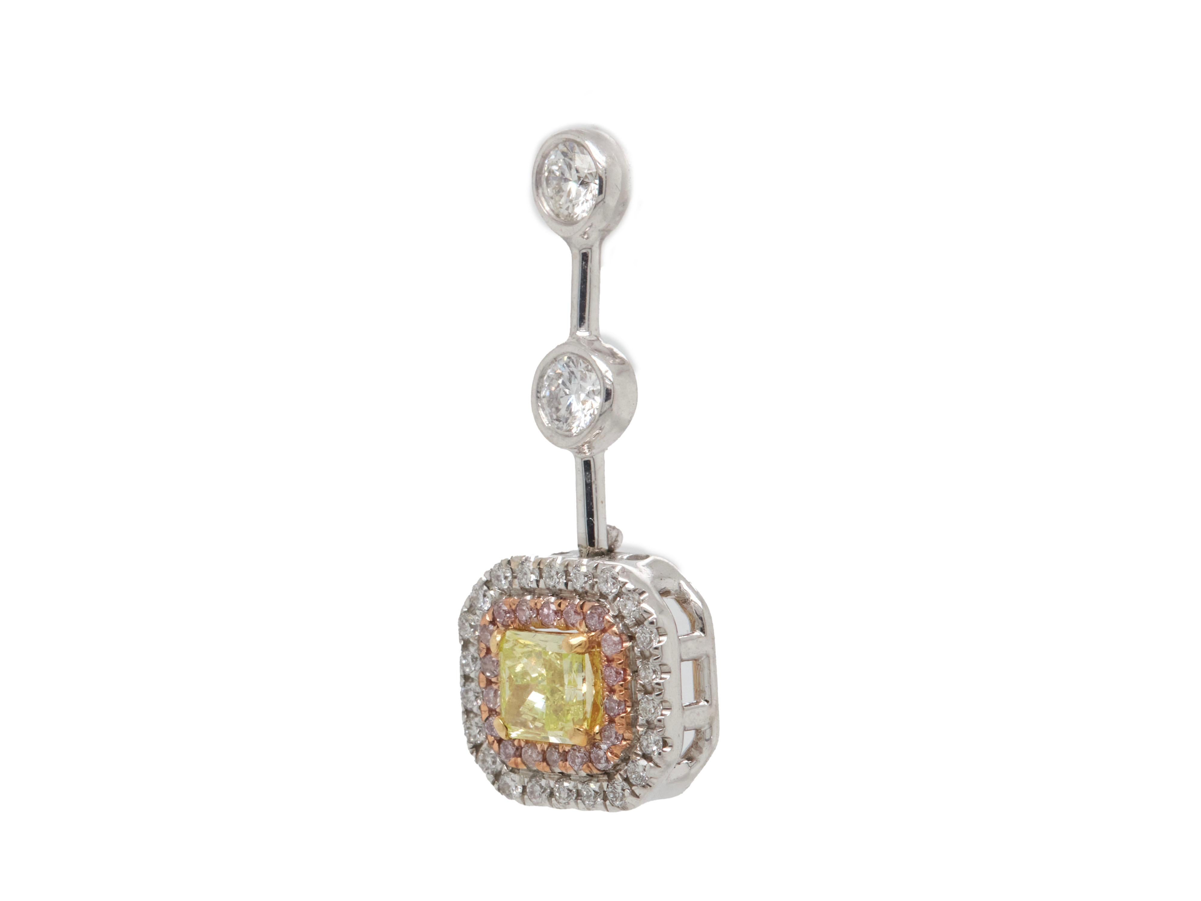Contemporary 0.76 Carat Green-Yellow Diamond Drop Earrings with Pink Diamond Halo, GIA Report For Sale