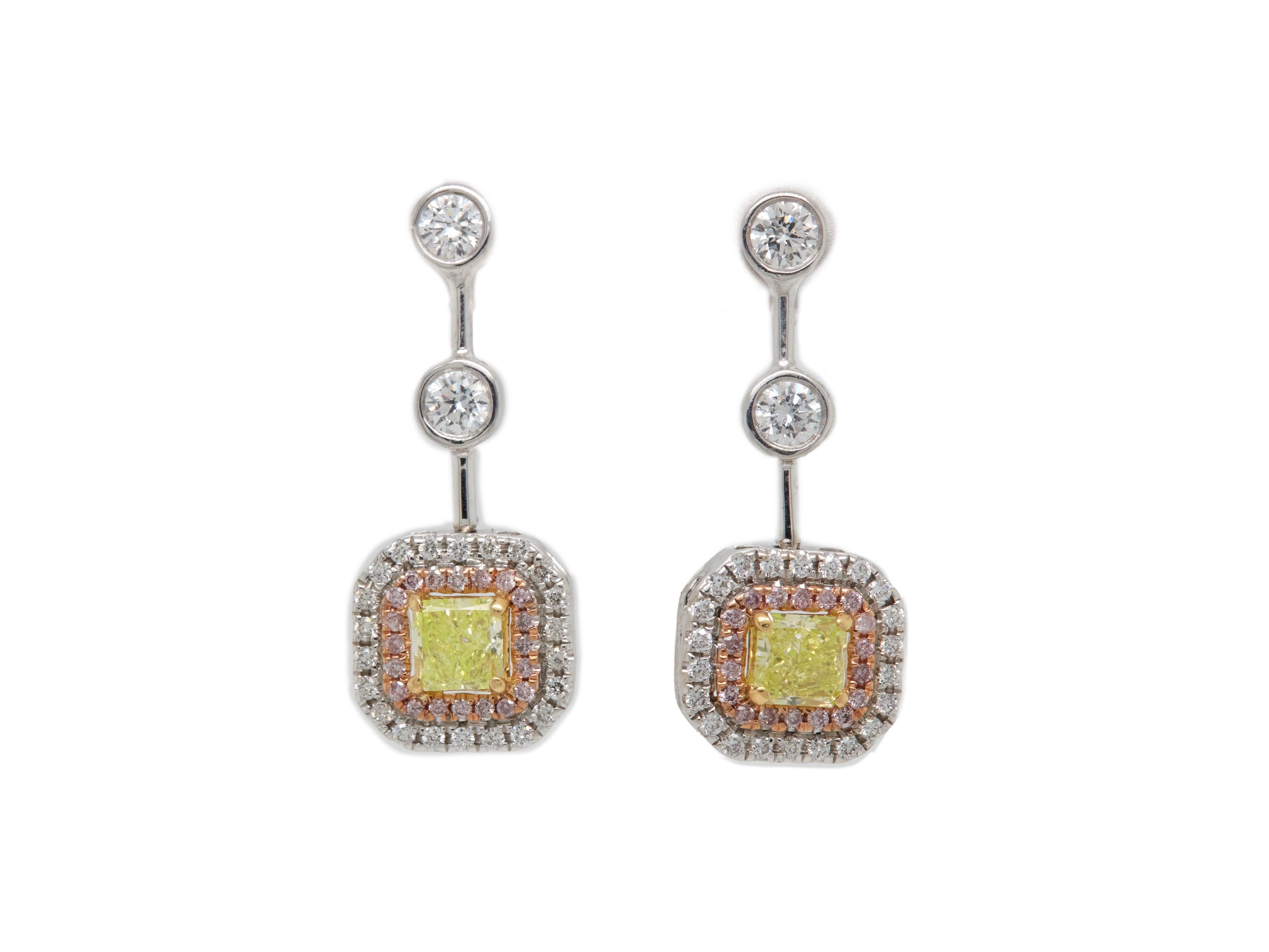 Radiant Cut 0.76 Carat Green-Yellow Diamond Drop Earrings with Pink Diamond Halo, GIA Report For Sale