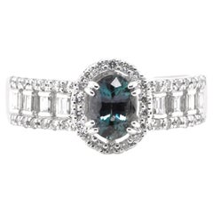 0.76 Carat Natural, Color-Changing Alexandrite and Diamond Ring Set in Platinum