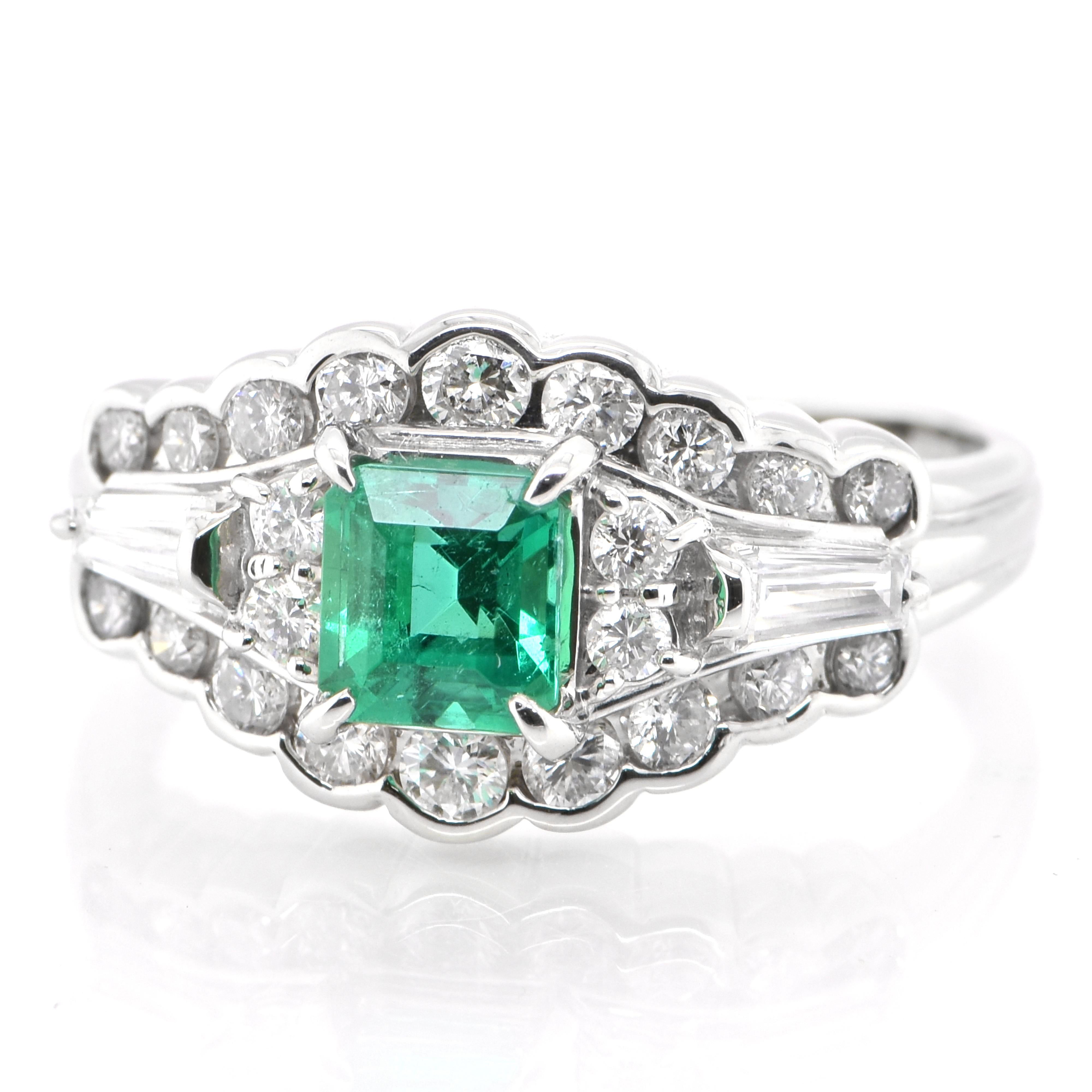 A stunning ring featuring a 0.76 Carat Natural Emerald and 0.62 Carats of Diamond Accents set in Platinum. People have admired emerald’s green for thousands of years. Emeralds have always been associated with the lushest landscapes and the richest