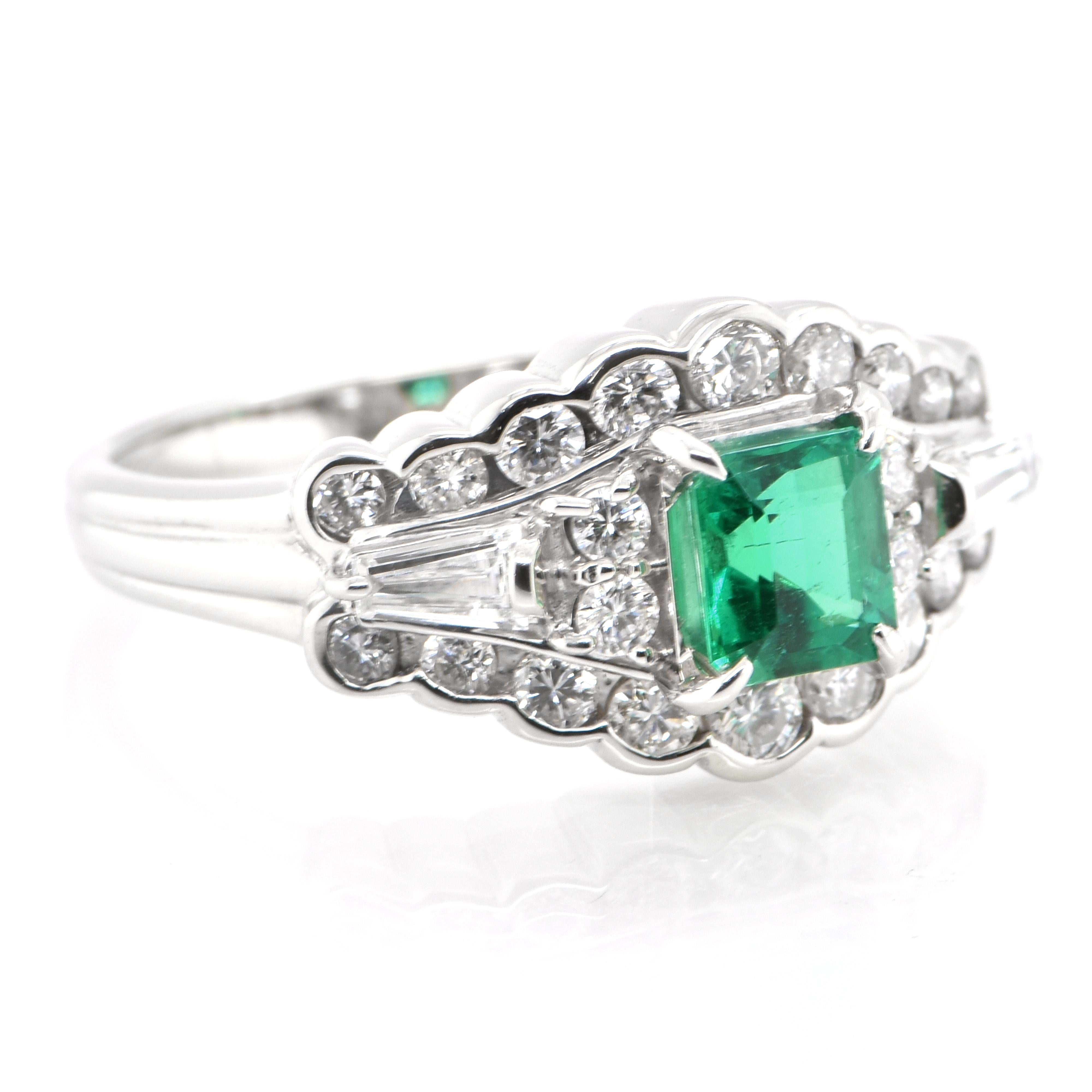 Modern 0.76 Carat Natural Emerald and Diamond Antique Ring Set in Platinum