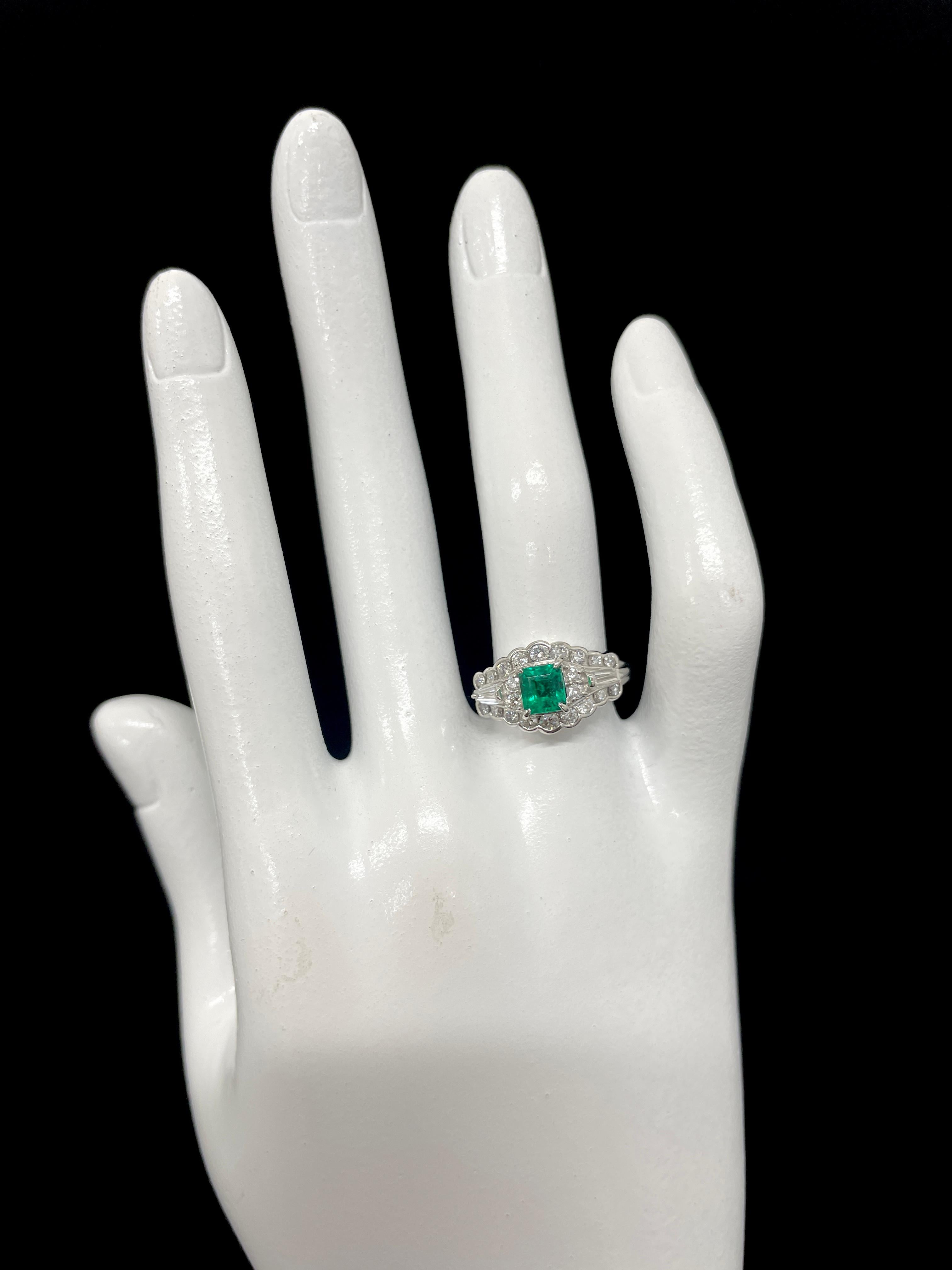 0.76 Carat Natural Emerald and Diamond Antique Ring Set in Platinum 1