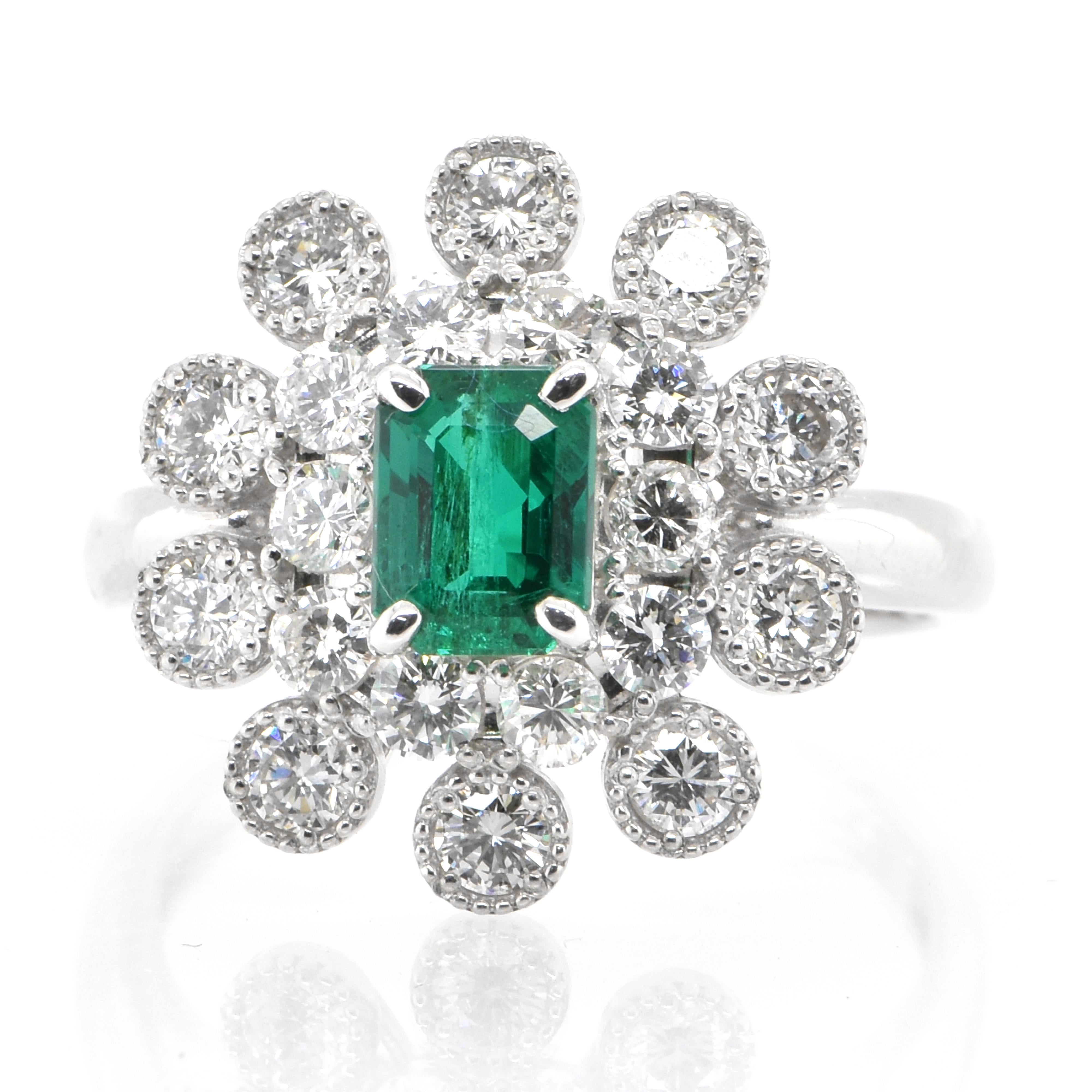 A stunning ring featuring a 0.76 Carat Natural Emerald and 1.16 Carats of Diamond Accents set in Platinum. People have admired emerald’s green for thousands of years. Emeralds have always been associated with the lushest landscapes and the richest