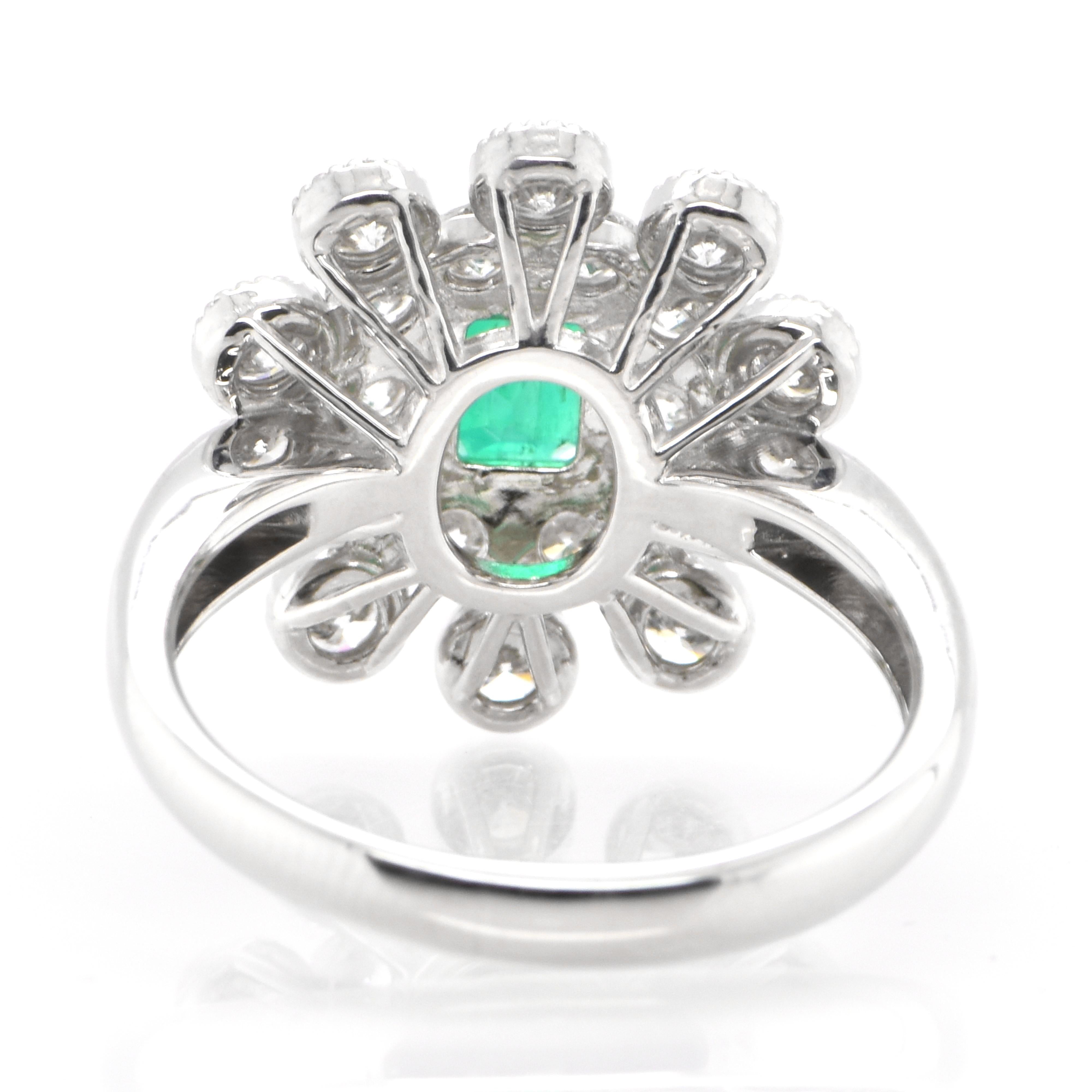 Women's 0.76 Carat Natural Emerald and Diamond Double Halo Ring Set in Platinum For Sale