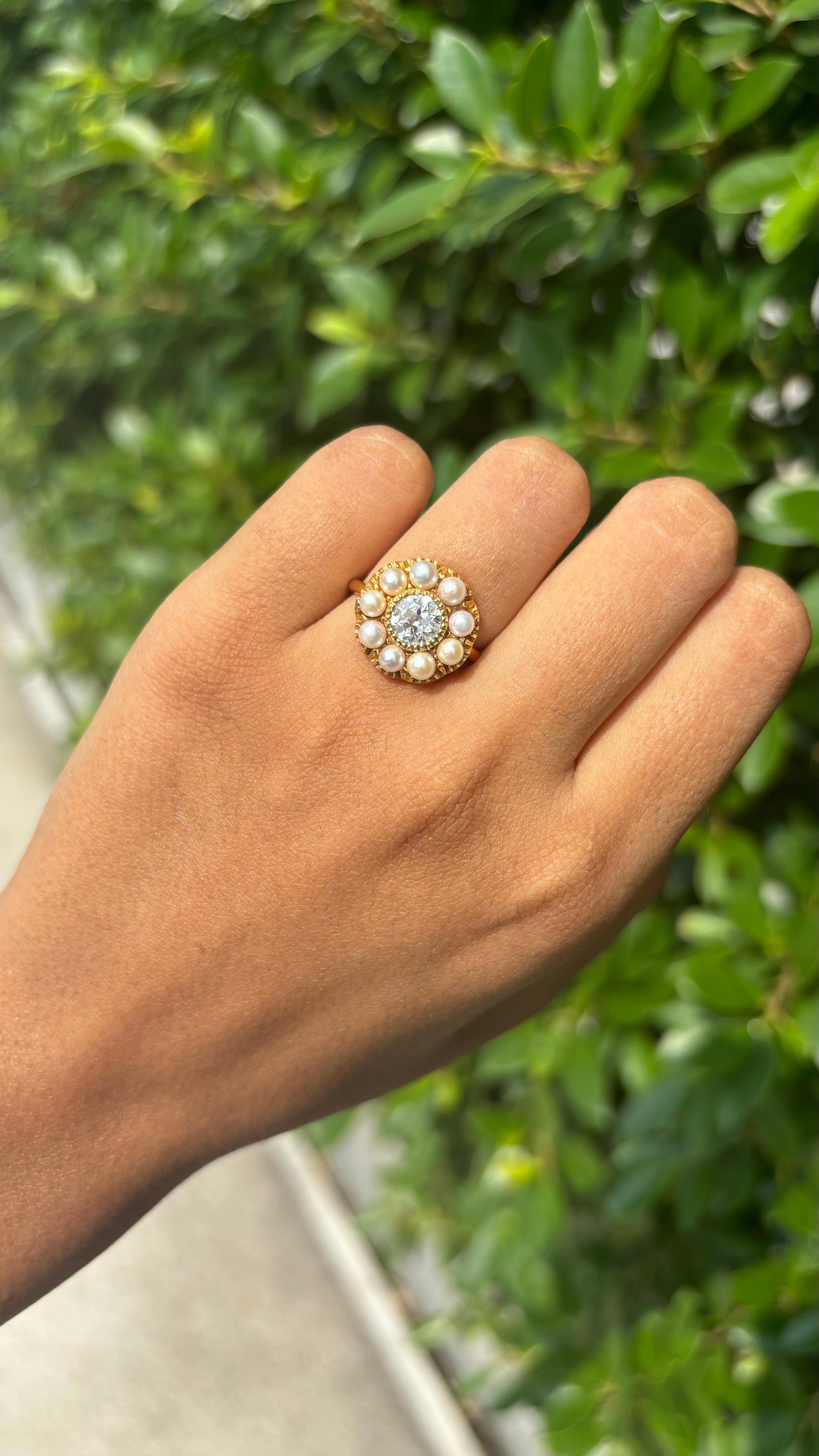 Anillo de oro de 14 quilates con perla natural y diamante de 0,76 quilates Art Decó en venta