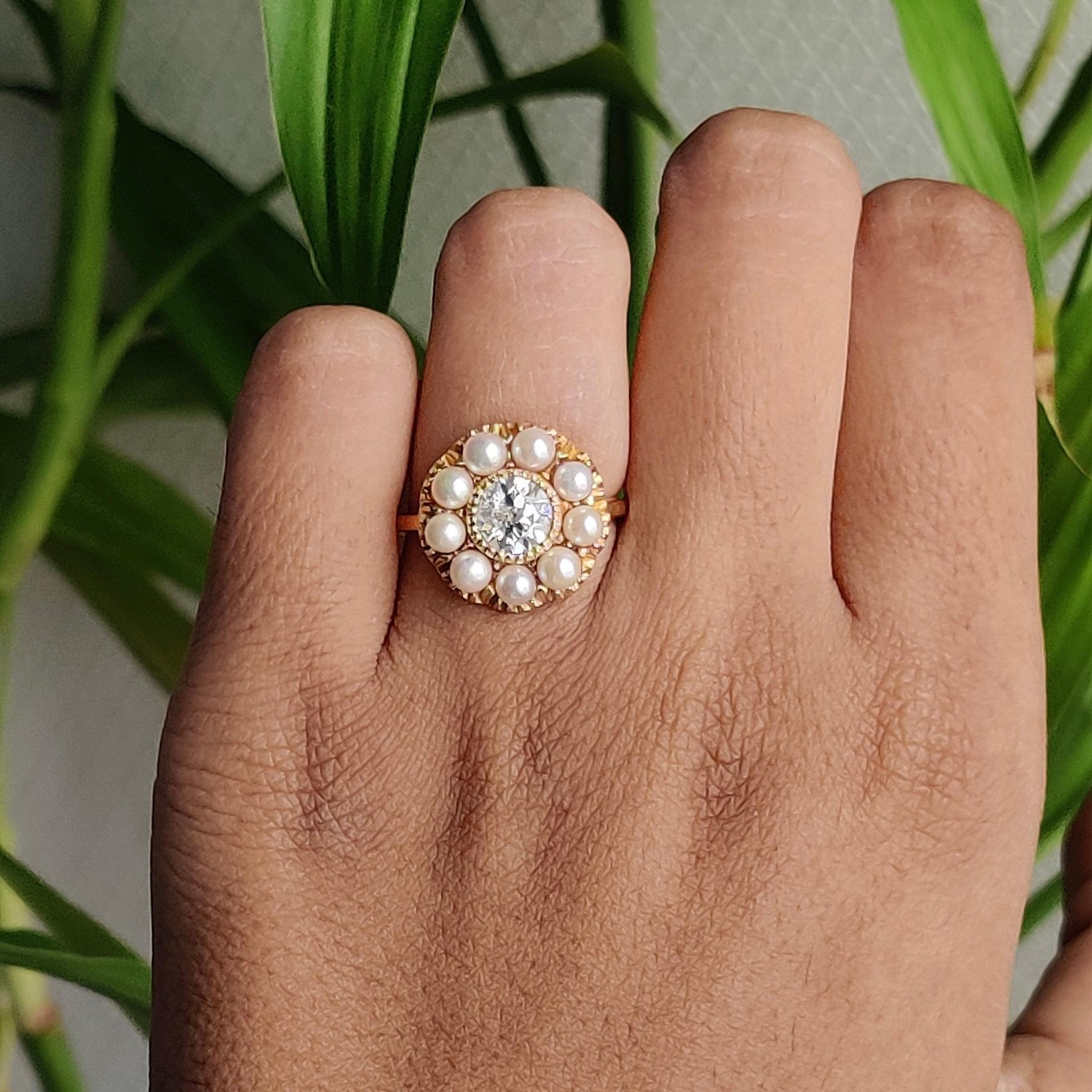 Anillo de oro de 14 quilates con perla natural y diamante de 0,76 quilates en venta 1