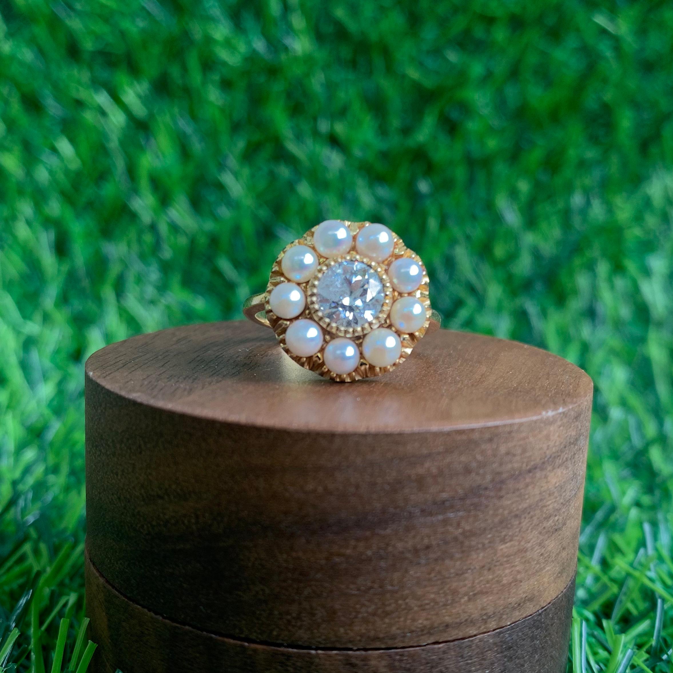 Anillo de oro de 14 quilates con perla natural y diamante de 0,76 quilates en venta 2