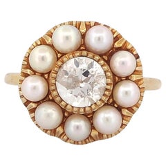 0.76 Carat Natural Pearl and Diamond 14K Gold Ring
