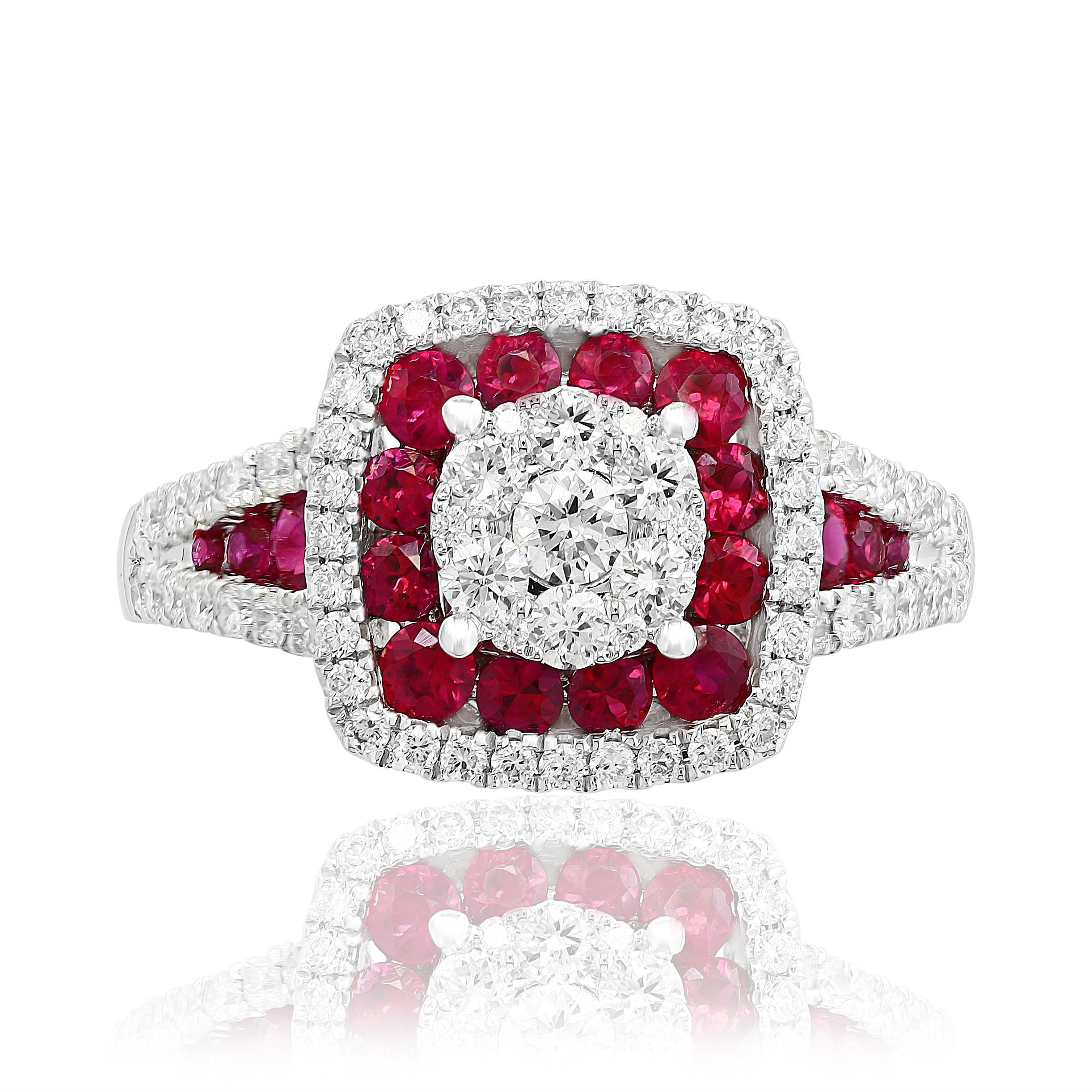 A unique and stylish ring showcasing a cluster of round diamonds in the center surrounded by a row of rubies and another row of diamonds. 18 Rubies weigh 0.76 carat and 73 diamonds weigh 0.70 carat in total.  Made in 14k white gold. Size 6.5 US