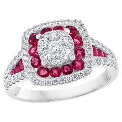 Bague cocktail en or blanc 18 carats avec diamants et rubis de 0,76 carat