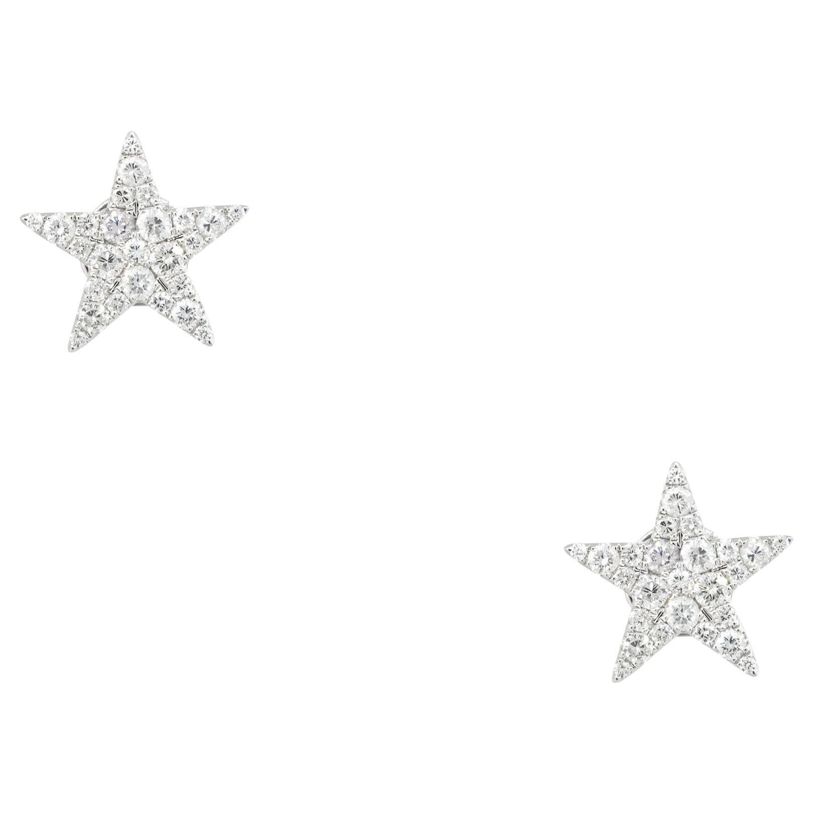 0.76 Carat Pave Diamond Star Stud Earrings 18 Karat in Stock For Sale