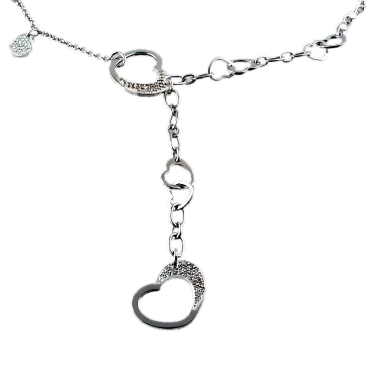 This Diamond Necklace consists of 3 Pave Set Heart shape  pendants  and 6 smaller Heart shape pendant in 14K White Gold.   The length of necklace is 18 inch and the Dangling heart section is 3 inch. (Total length 21 inch)
Total Weight of diamonds: