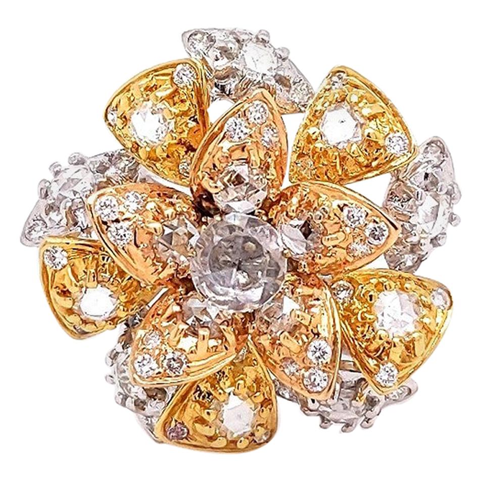 0.76 Carat / Rose Cut Diamonds / 18 Karat White Gold / Women's Flower Ring