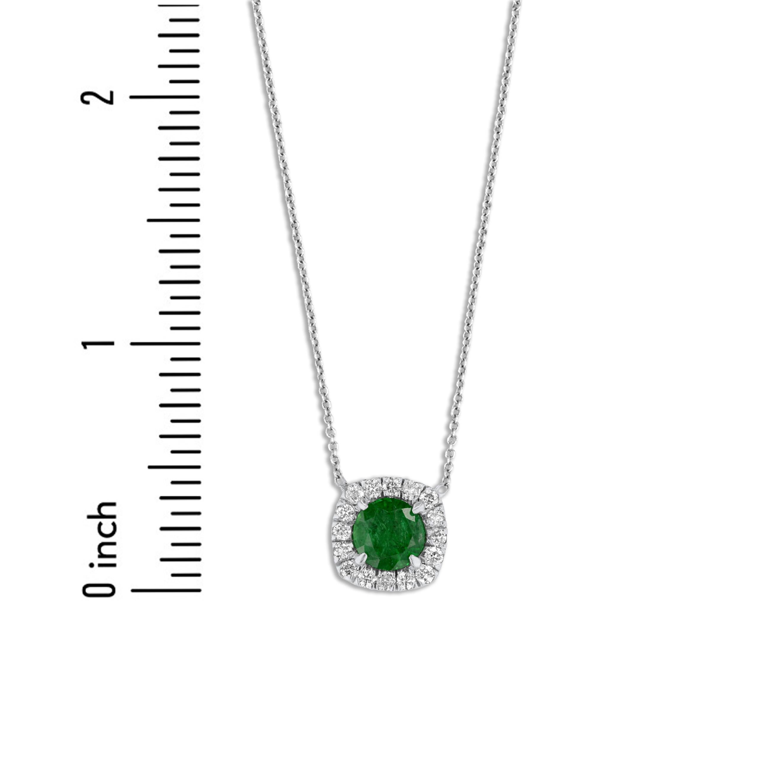 Contemporary 0.76 Carat Round Emerald Pendant with 0.24 Carat Diamond Halo in 14k ref2120 For Sale