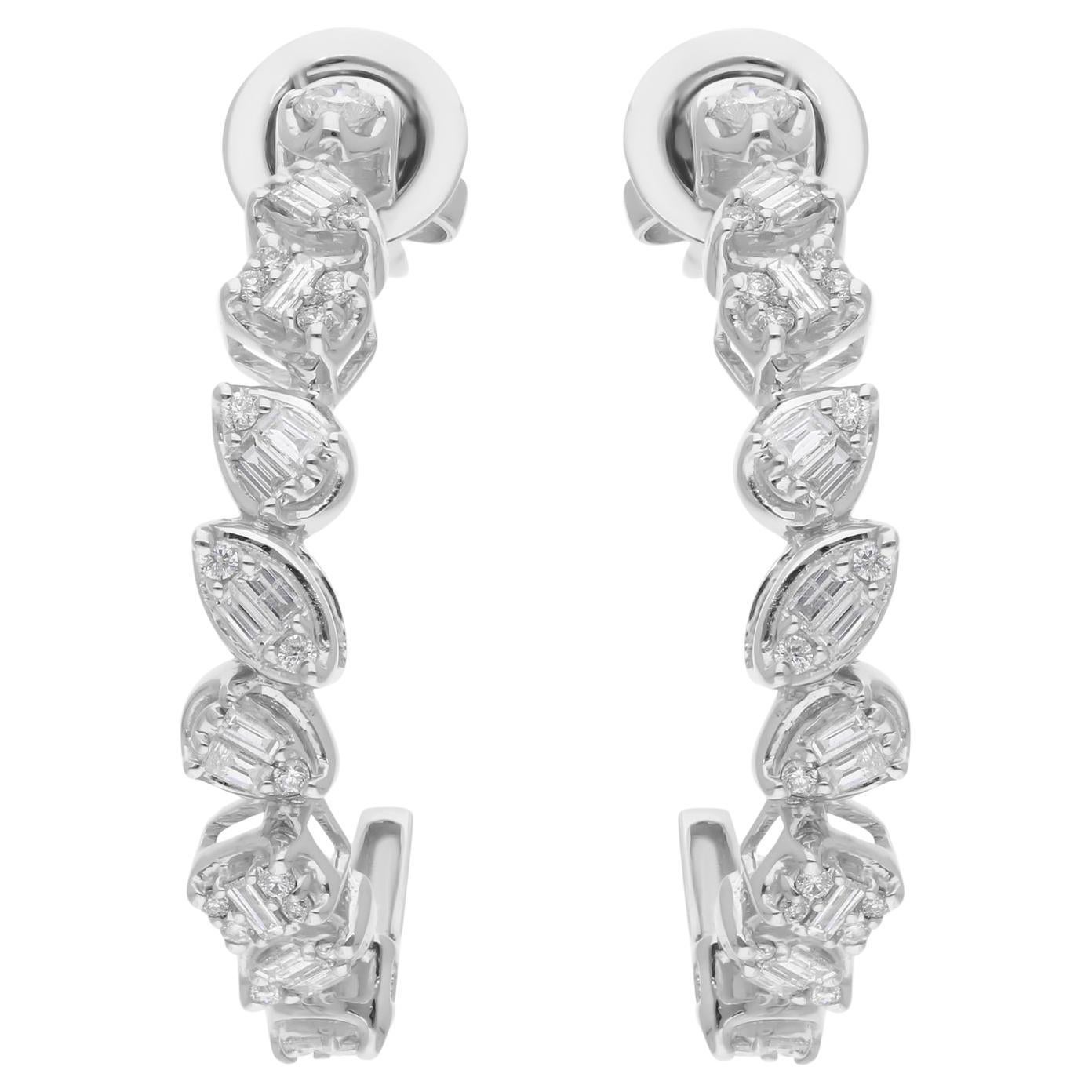0.76 Carat SI/H Diamond Cluster Hoop Earrings 14 Karat White Gold For Sale