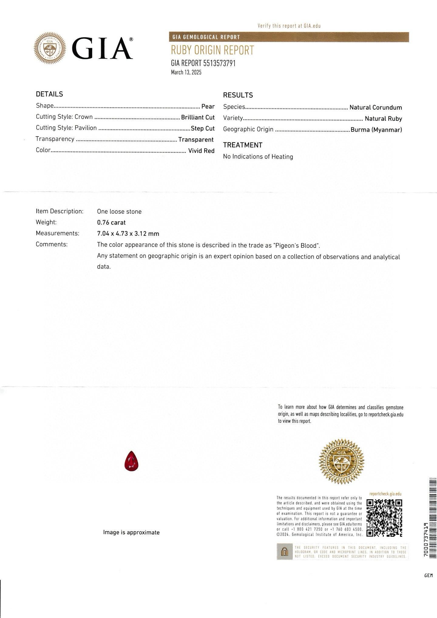 0.76 Ct GIA Certified Natural Unheated Burma Ruby Pigeon Blood Color Gemstone For Sale 2