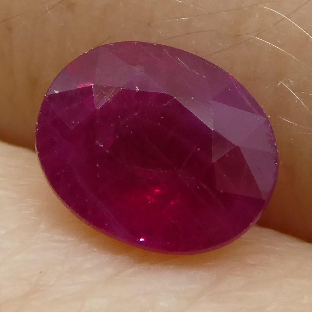 Description:

Gem Type: Ruby
Number of Stones: 1
Weight: 0.76 cts
Measurements: 5.89x4.95x3.04 mm
Shape: Oval
Cutting Style Crown: Modified Brilliant
Cutting Style Pavilion: Step Cut
Transparency: Translucent
Clarity: Moderately Included: Inclusions