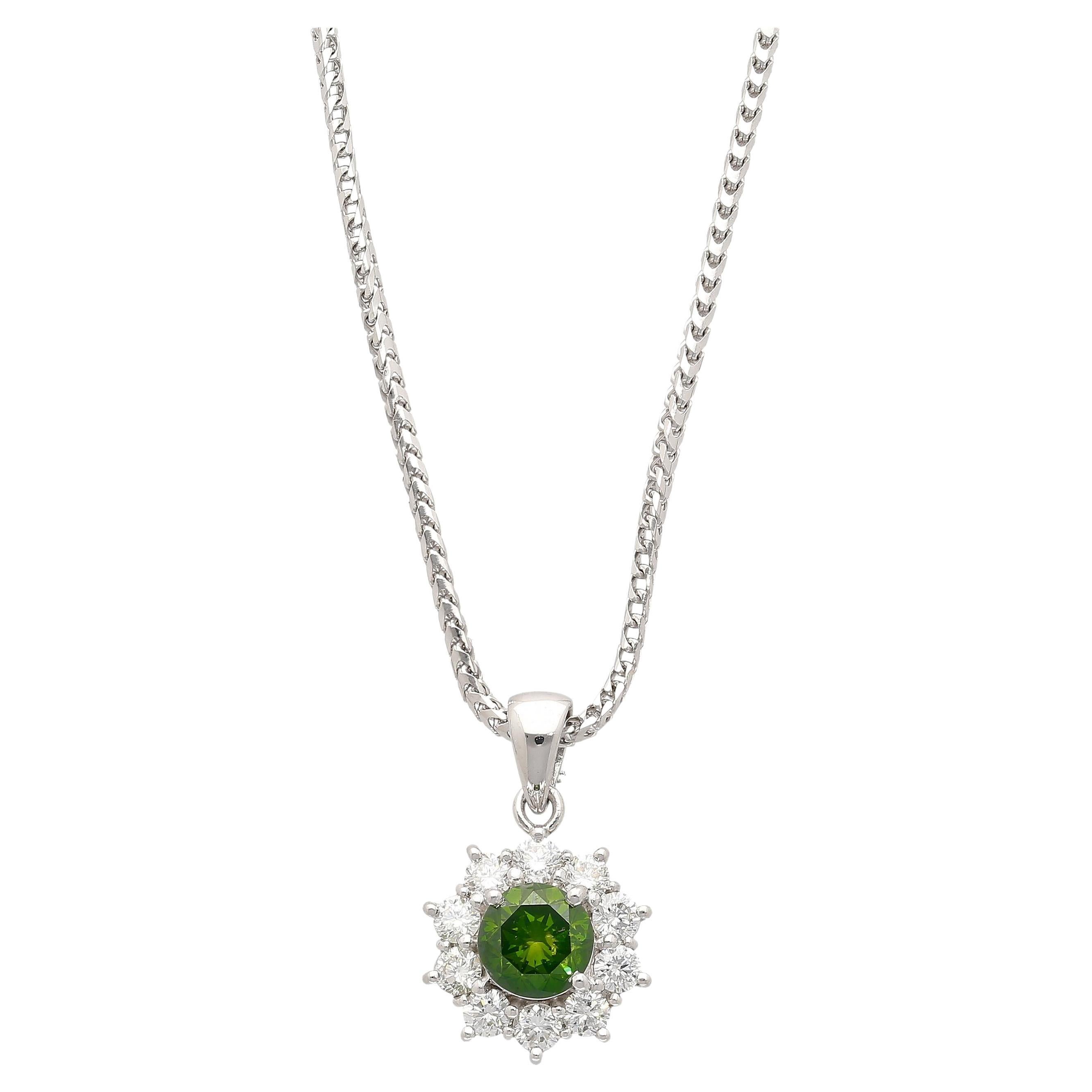 0.76 CTTW Green Diamond Floating Platinum Pendant 18k Gold Wheat Chain Necklace