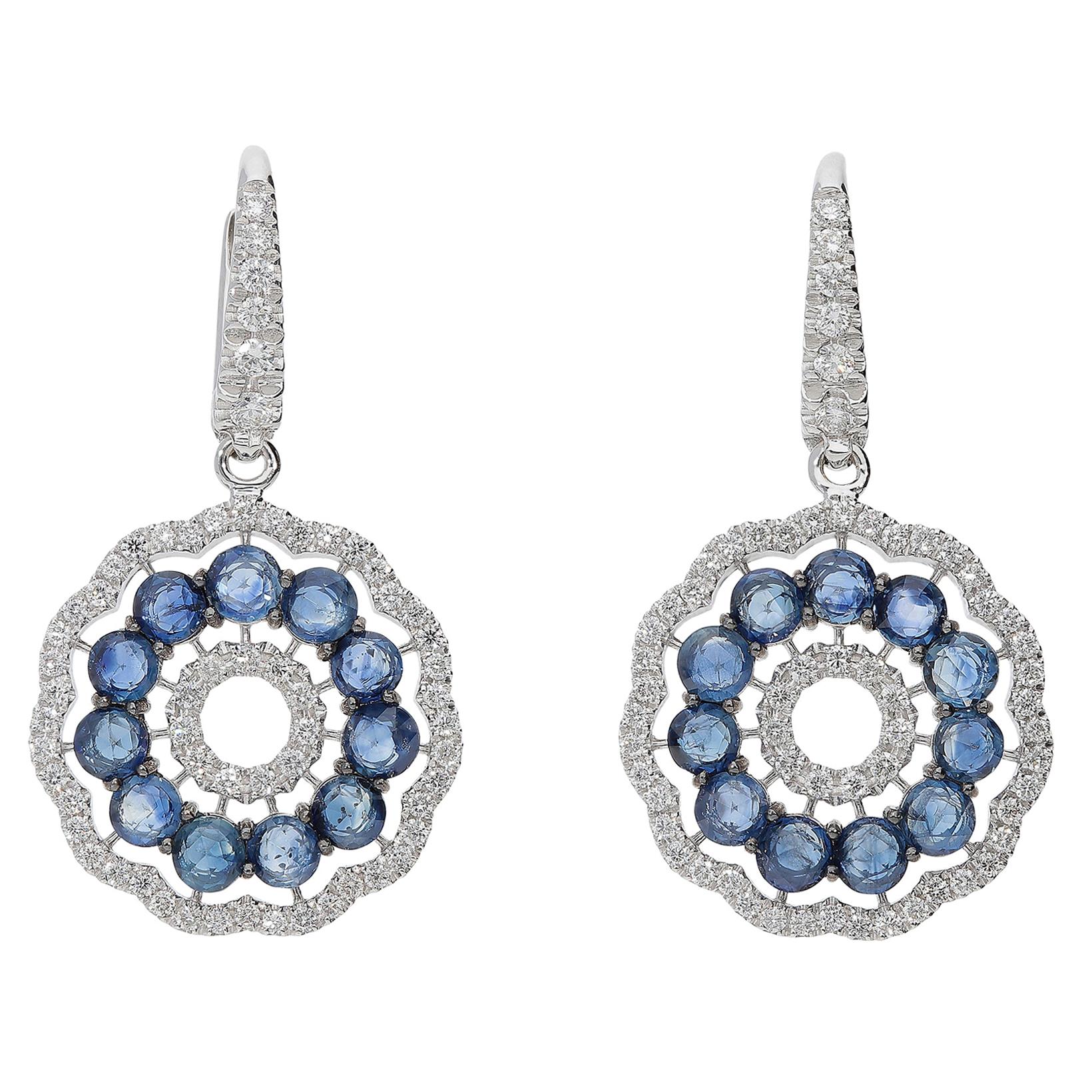 0.76 White GVS Diamonds 3.01 Rose Cut Blue Sapphires 18kt Gold Dangle Earrings For Sale