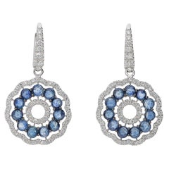 0.76 White GVS Diamonds 3.01 Rose Cut Blue Sapphires 18kt Gold Dangle Earrings