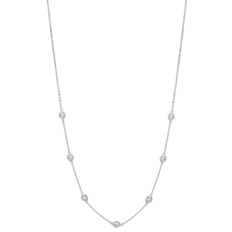 100% Natural Diamonds, Not Enhanced in any way Round Cut Diamond by the Yard Necklace  
0.76CT
G-H 
SI  
14K White Gold, Bezel style   2.70gram
18 inches in length,
3/16 inch in width
7 stones, 10 pointers  

N5129W.10-18
ALL OUR ITEMS ARE AVAILABLE