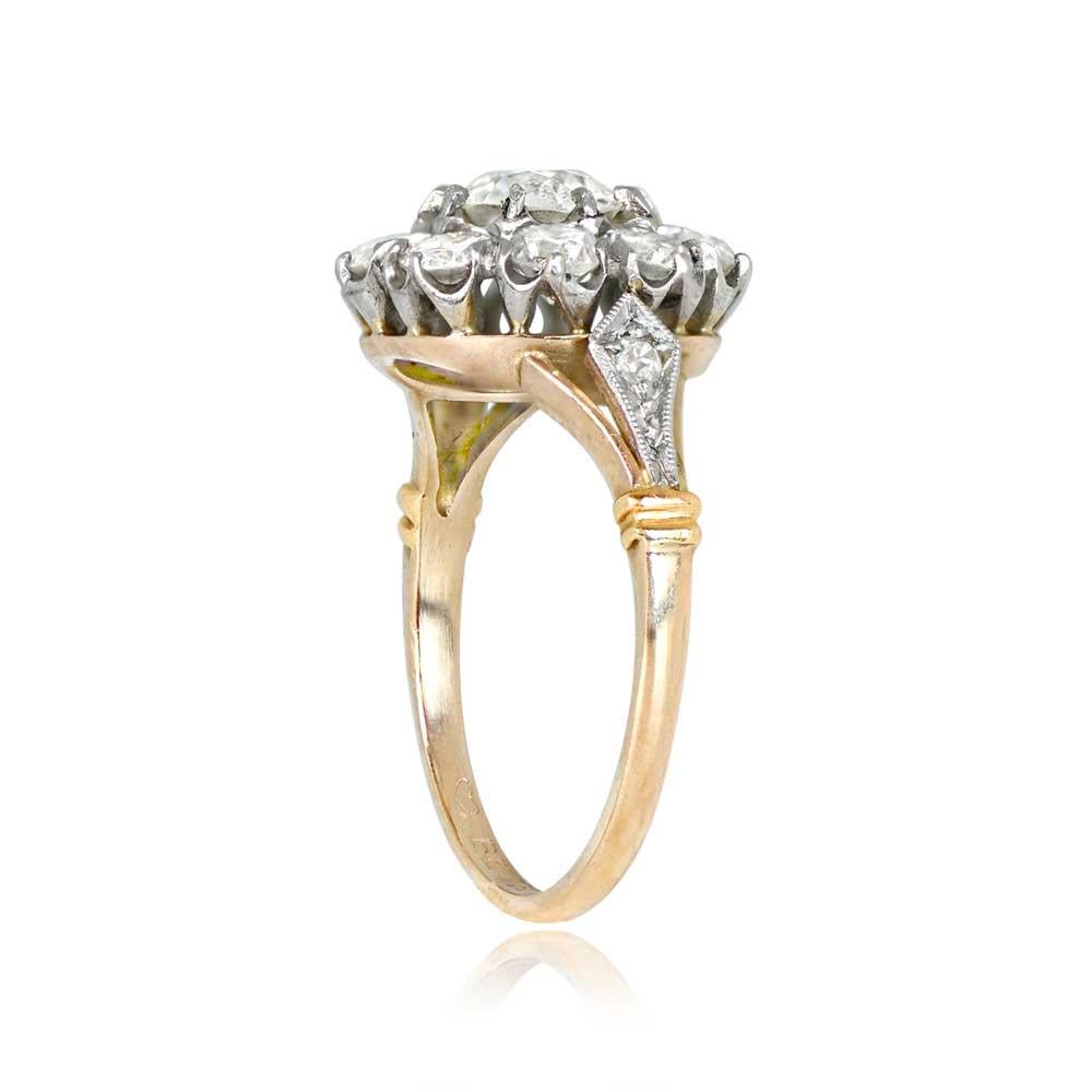 0.76ct Old European Cut Diamond Cluster Engagement Ring, Platinum & Yellow Gold In Excellent Condition In New York, NY