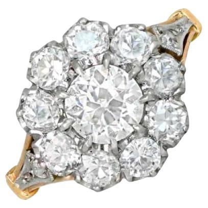 0.76ct Old European Cut Diamond Cluster Engagement Ring, Platinum & Yellow Gold