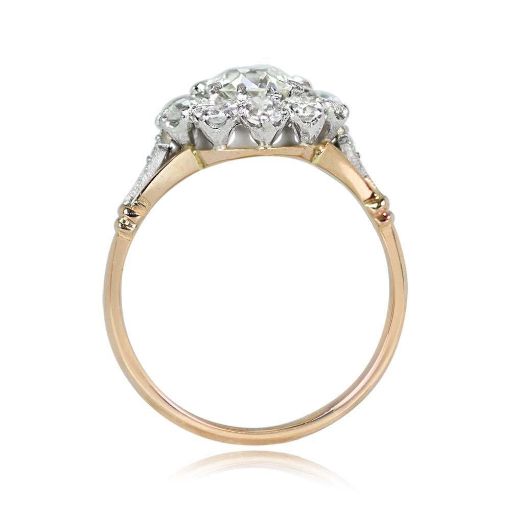 Old European Cut GIA 0.84ct Diamond  Cluster Engagement Ring, F Color, Platinum & 18k Yellow Gold