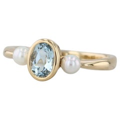 Anello di perle coltivate con acquamarina ovale da 0,76 carati, oro giallo 18 carati, misura 9