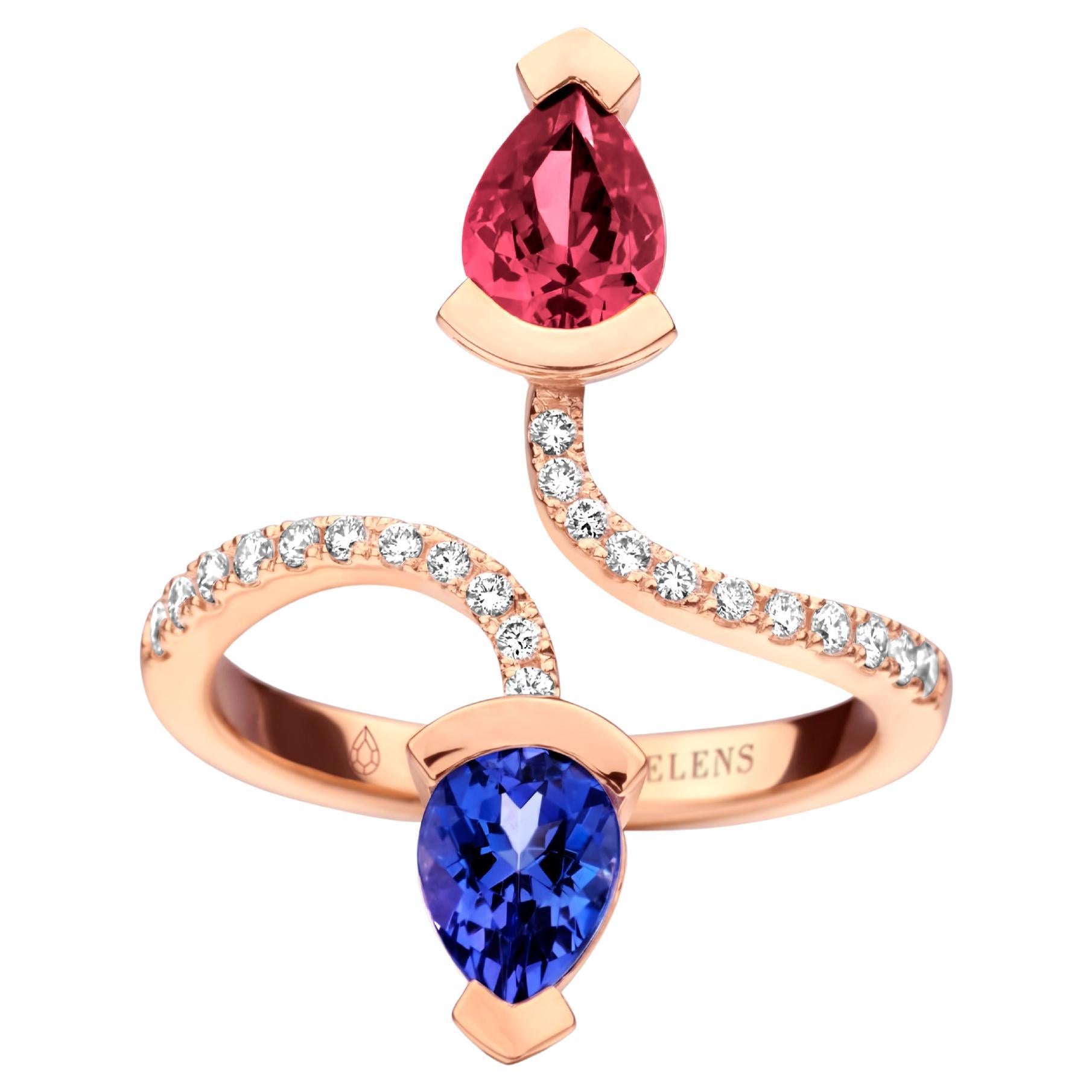 0.76ct Rubelite and 0.70ct Tanzanite 18kt Rose Gold Diamond Cocktail Ring For Sale