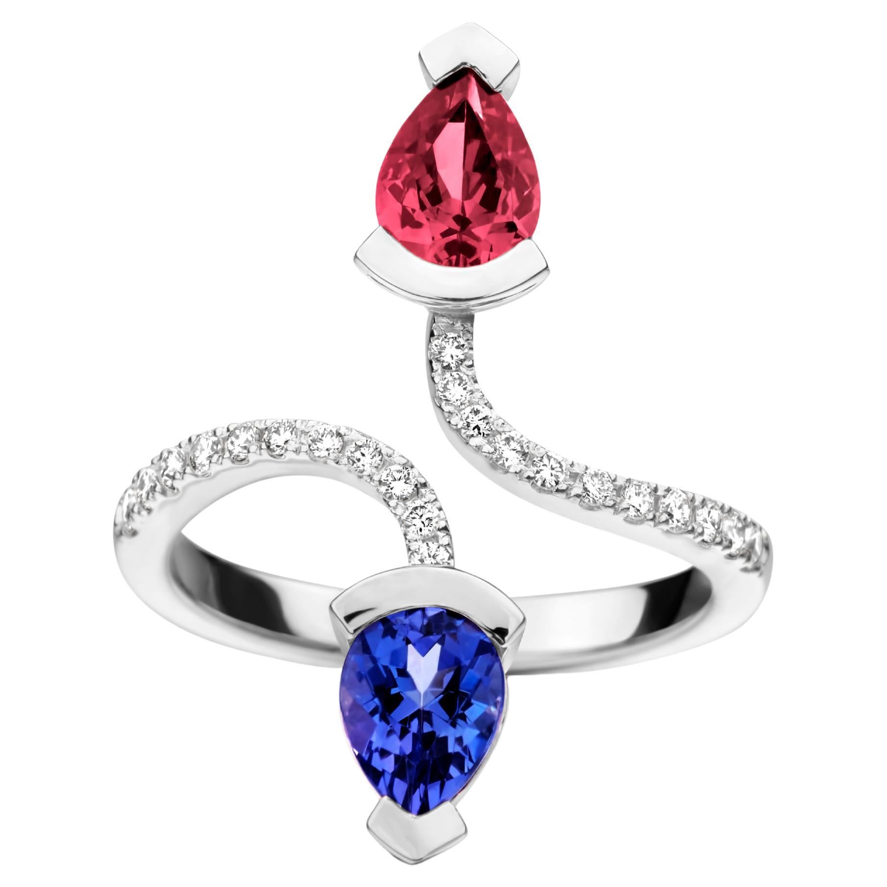 0, 76ct Rubellite and 0, 70ct Tanzanite 18kt White Gold Diamond Cocktail Ring