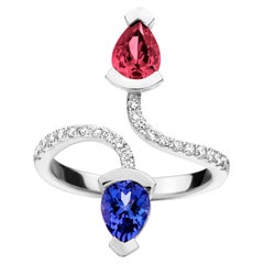 Bague cocktail en or blanc 18 carats avec rubellite de 0,76 carat et tanzanite de 0,70 carat