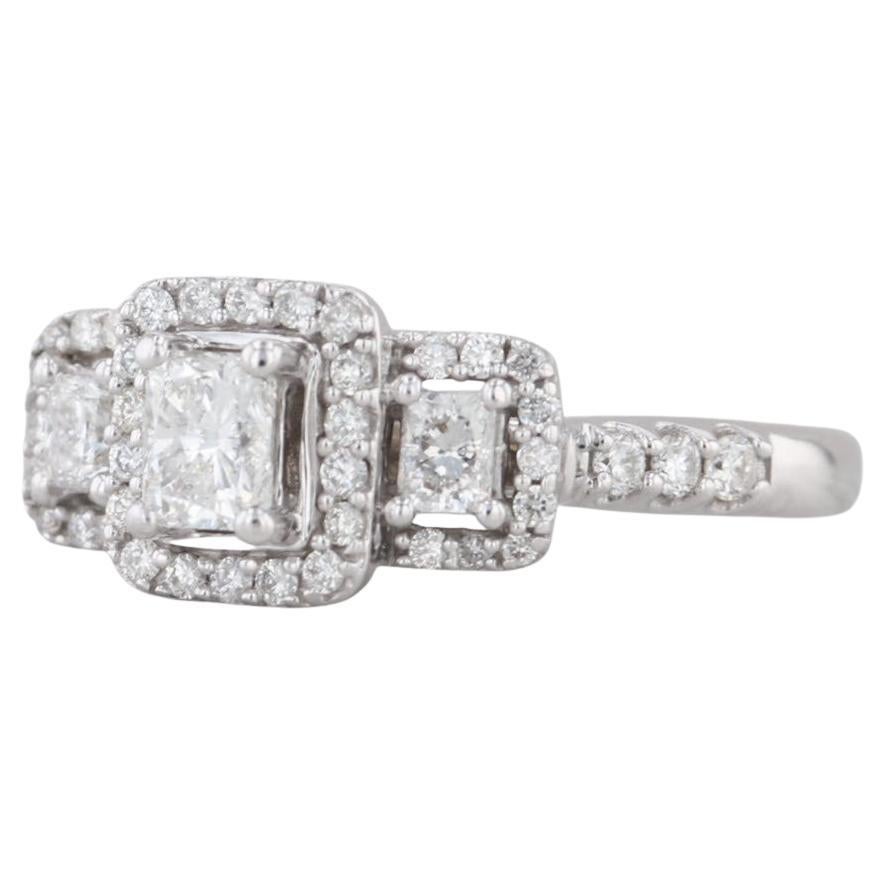 0.76ctw Diamond Emerald Cut Halo 3-Stone Engagement Ring 14k White Gold Size 6.5