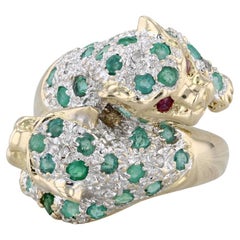 0.76ctw Emerald Ruby Diamond Panther Ring 14k Yellow Gold Size 6.5