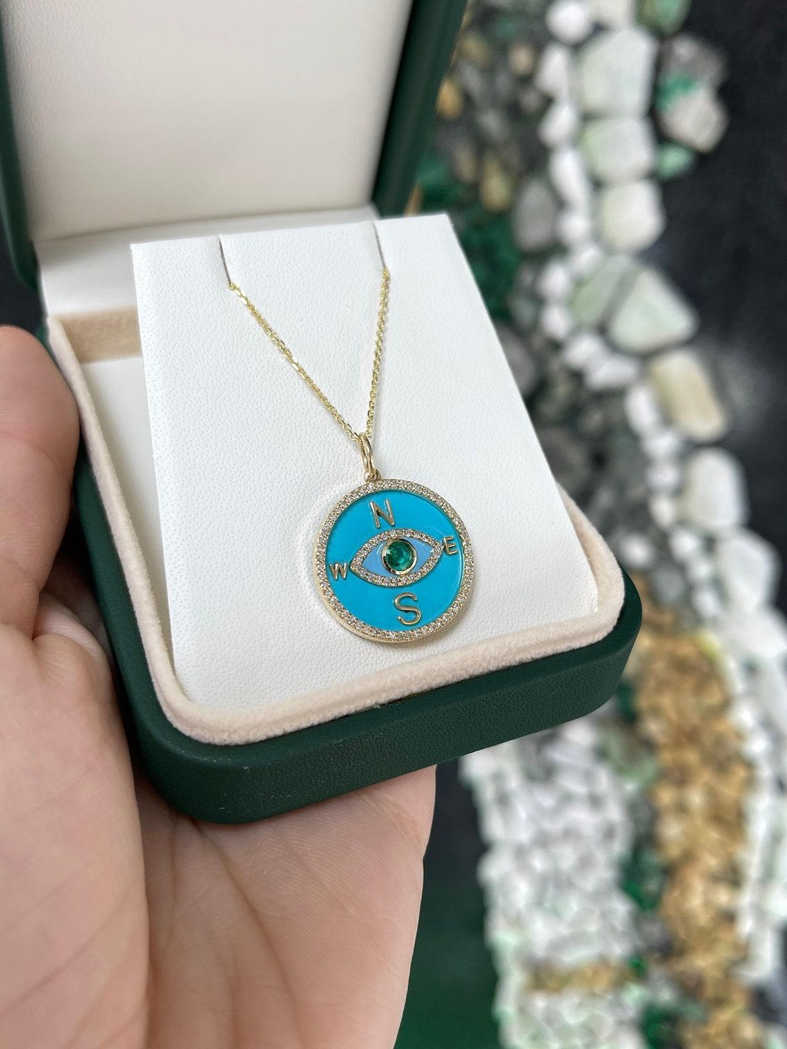 0,76tcw 14K runder Smaragd & Diamant Türkis Compass Evil Eye Anhänger Halskette (Rundschliff)