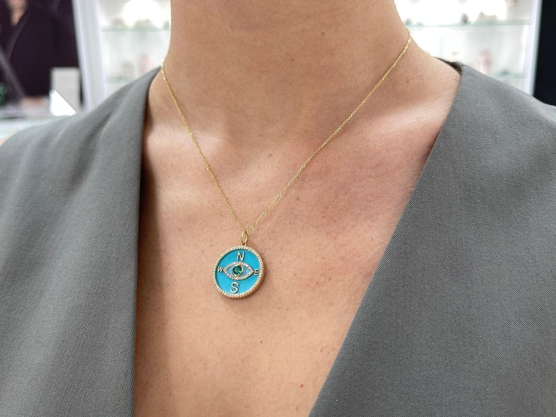 0,76tcw 14K runder Smaragd & Diamant Türkis Compass Evil Eye Anhänger Halskette Damen