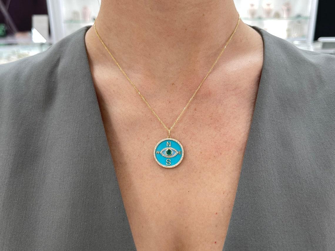 0,76tcw 14K runder Smaragd & Diamant Türkis Compass Evil Eye Anhänger Halskette 2
