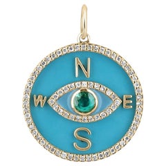 0,76tcw 14K runder Smaragd & Diamant Türkis Compass Evil Eye Anhänger Halskette