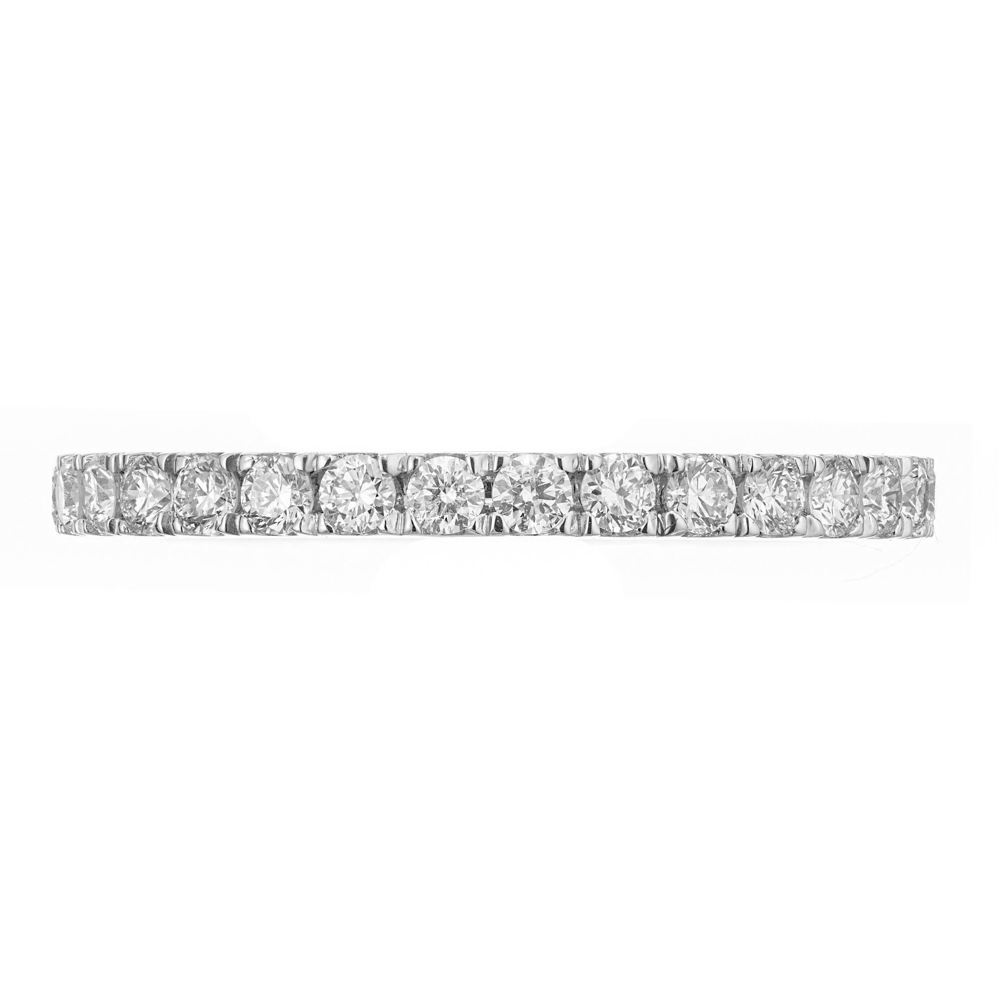 Diamond eternity ring. 31 round brilliant cut diamonds in a platinum, common prong eternity setting.  

31 round brilliant cut Diamonds, approx. total weight .77cts, H, VS – SI, 1.9mm 
Size 6.5 orders taken 
Platinum
Tested: Platinum 
Stamped: Pt950
