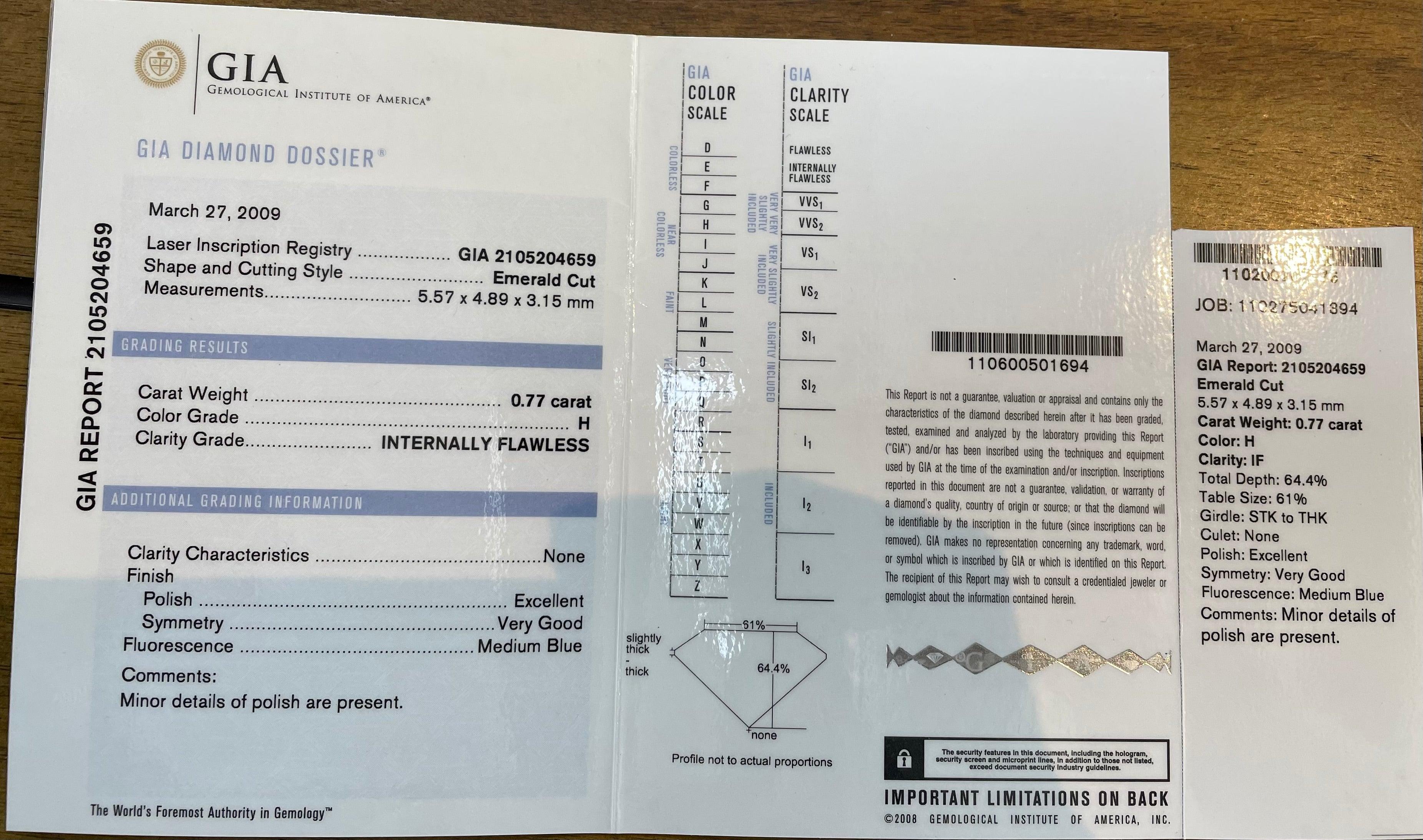 0.77 Carat Emerald Cut Gia Certified H Color Internally Flawless  Diamant Bon état - En vente à New York, NY