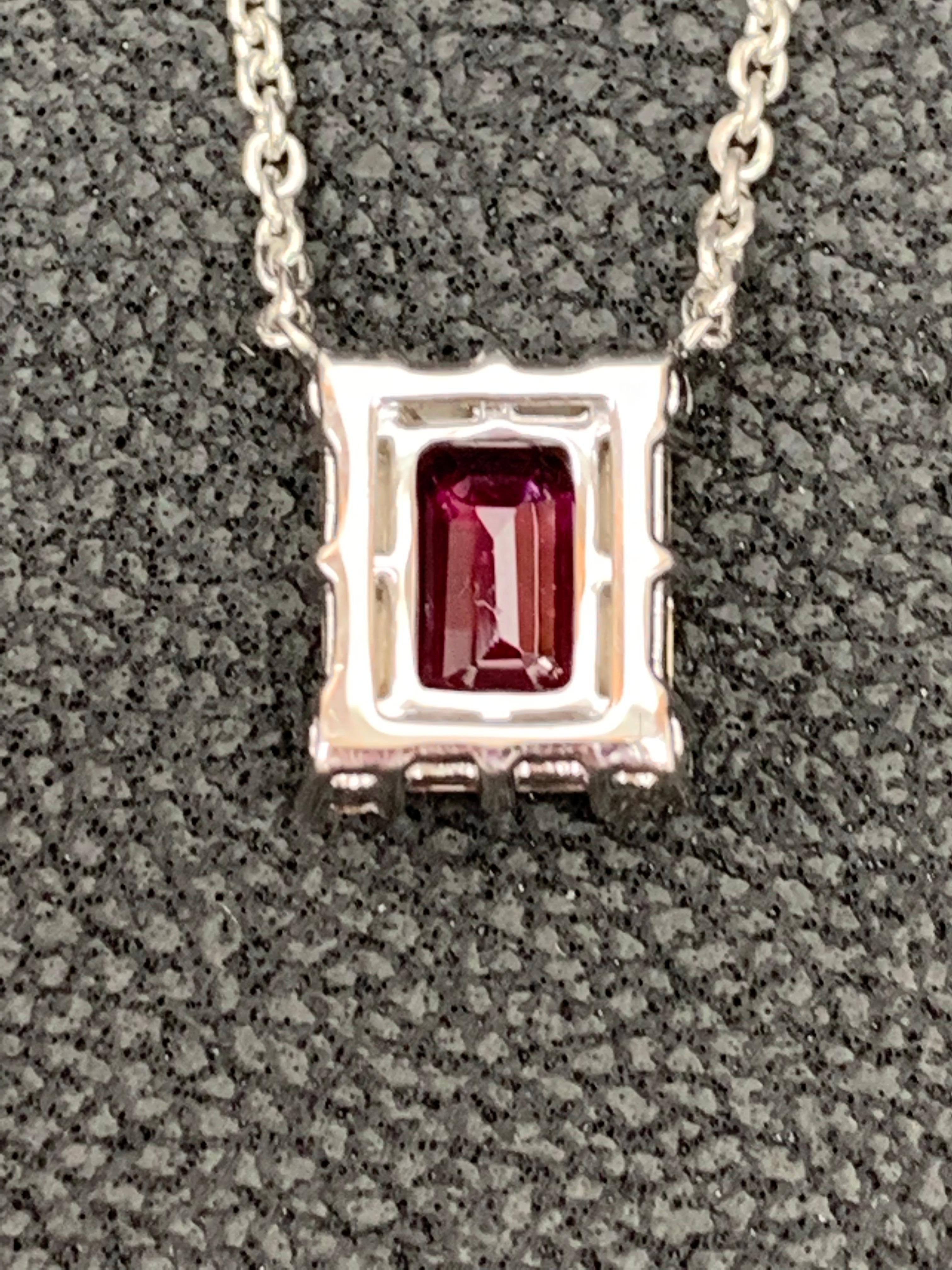 Modern 0.77 Carat Emerald Cut Ruby and Diamond Pendant Necklace in 18K White Gold For Sale