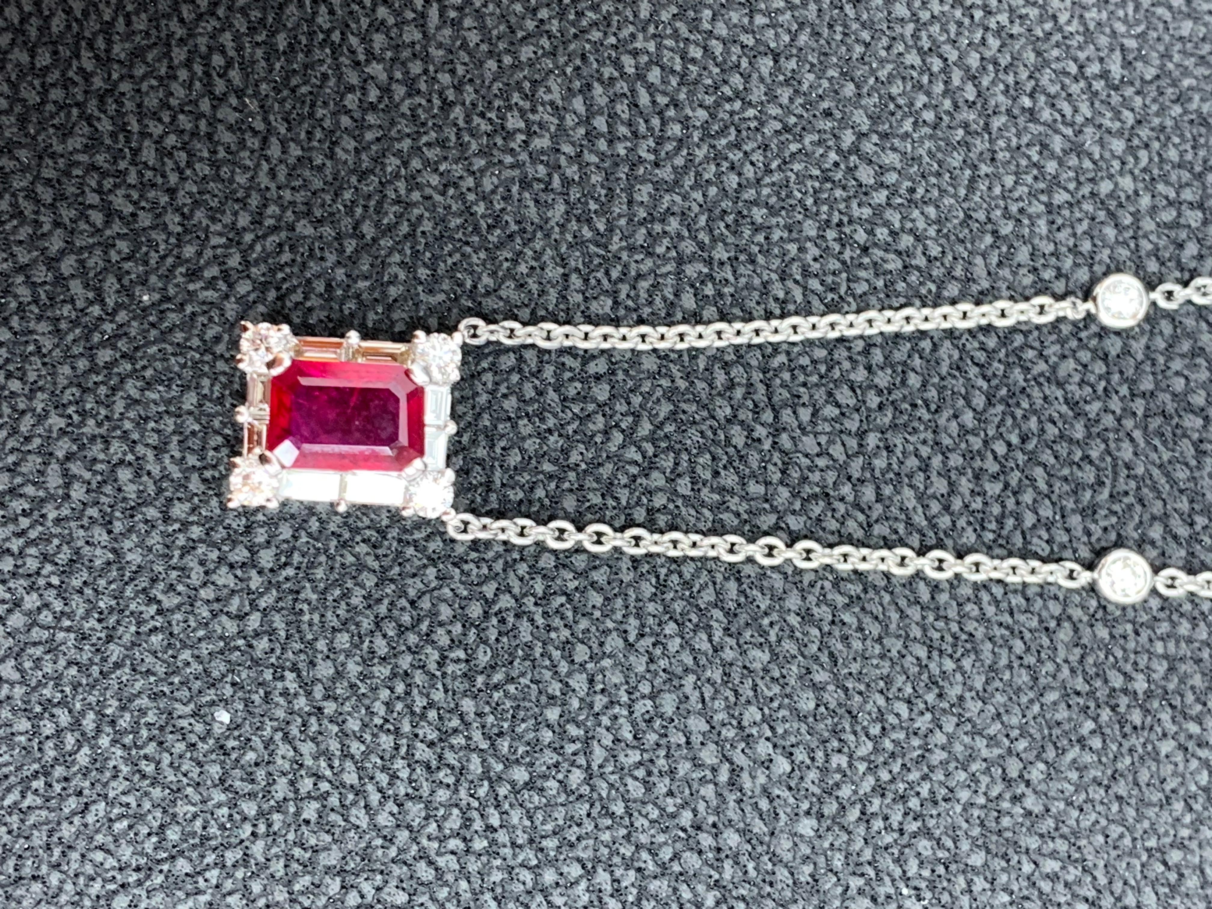 0.77 Carat Emerald Cut Ruby and Diamond Pendant Necklace in 18K White Gold In New Condition For Sale In NEW YORK, NY
