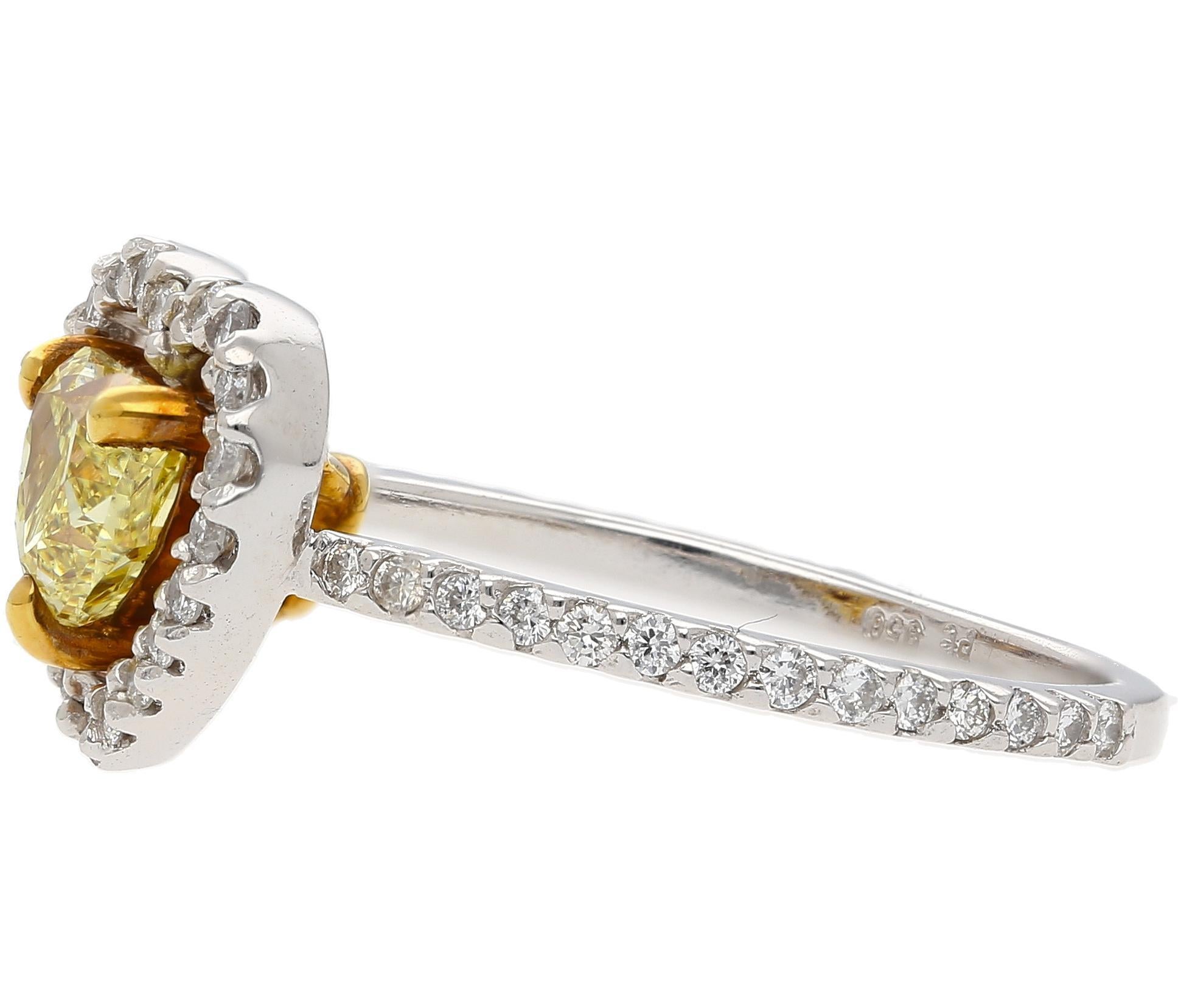 Heart Cut 0.77 Carat Floating Fancy Yellow Heart Diamond & Diamond Halo Engagement Ring For Sale