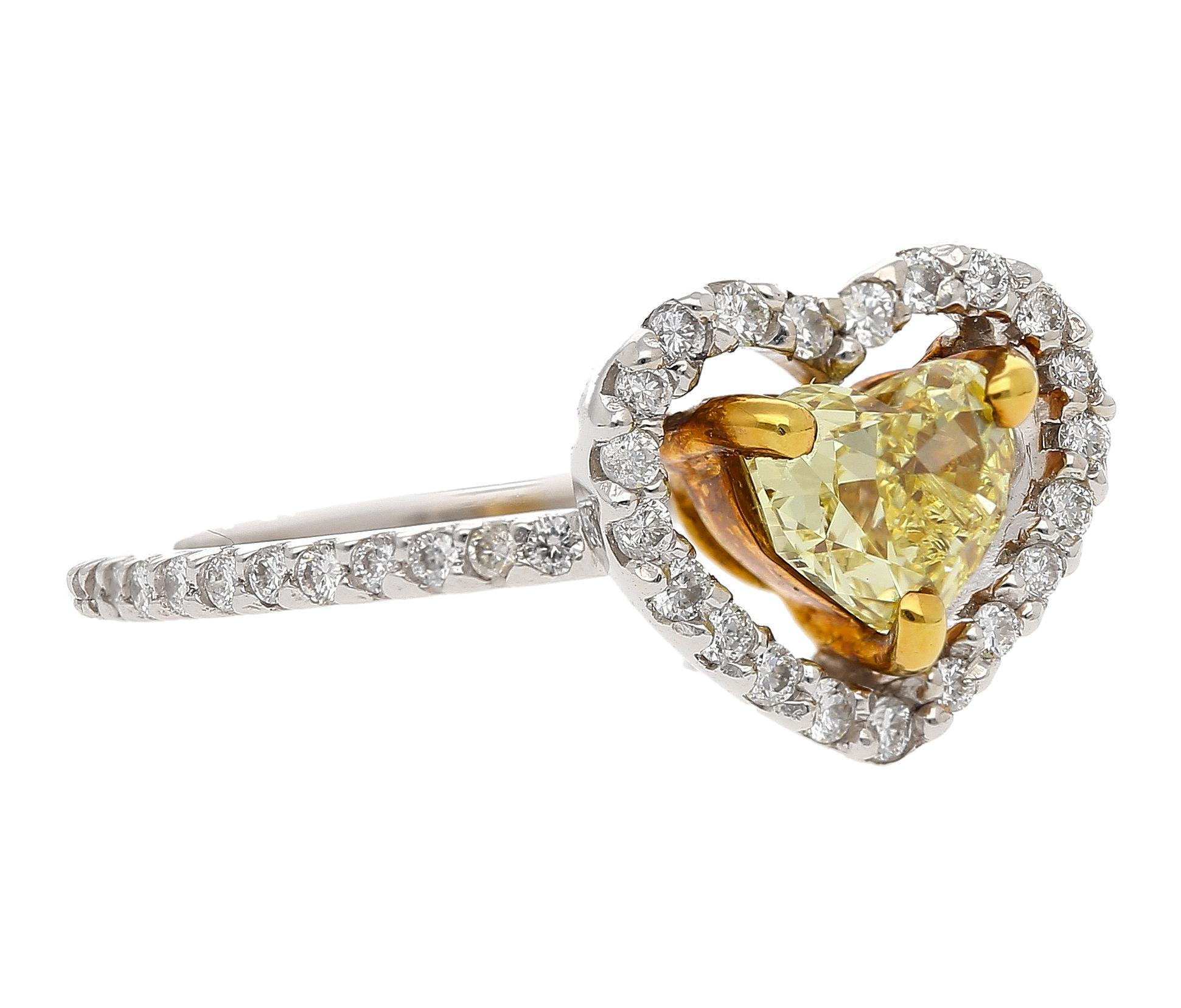 Women's 0.77 Carat Floating Fancy Yellow Heart Diamond & Diamond Halo Engagement Ring For Sale