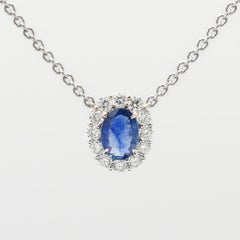 0.77 Carat Natural Blue Oval Cut Sapphire & Diamond Halo Pendant Necklace