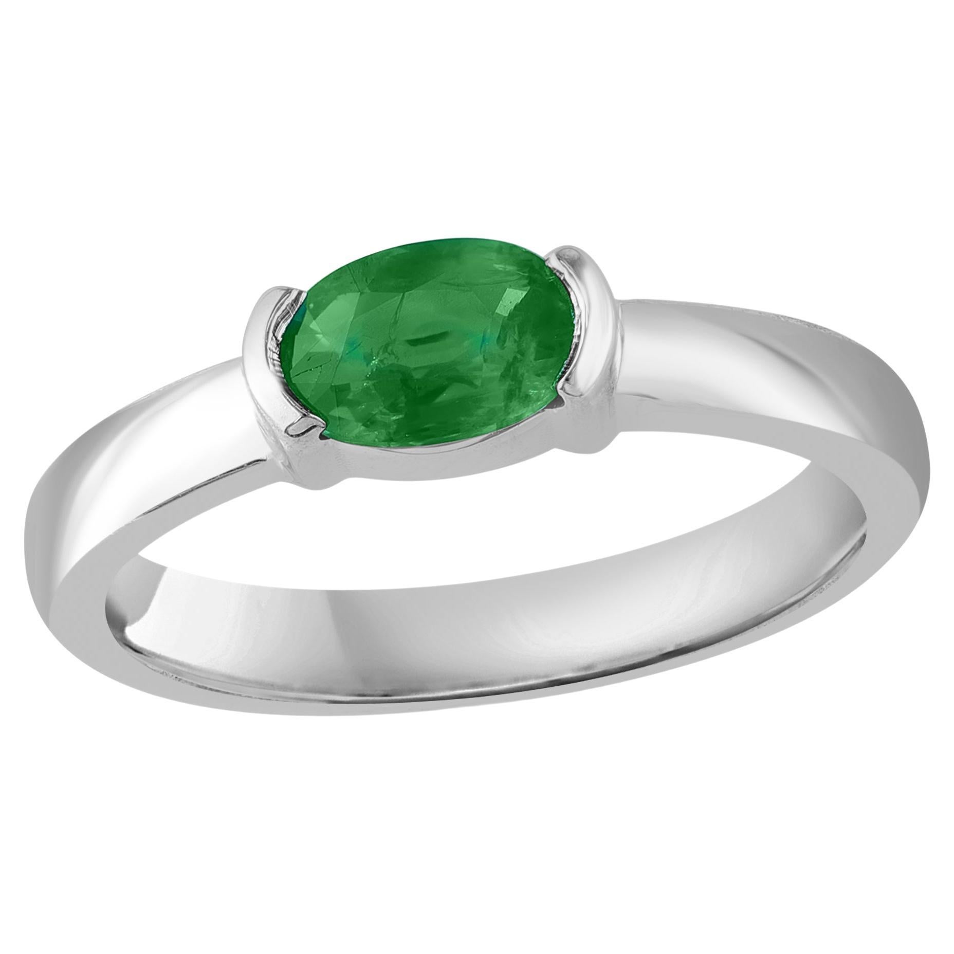 0.77 Carat Oval Cut Emerald Band Ring in 14K White Gold