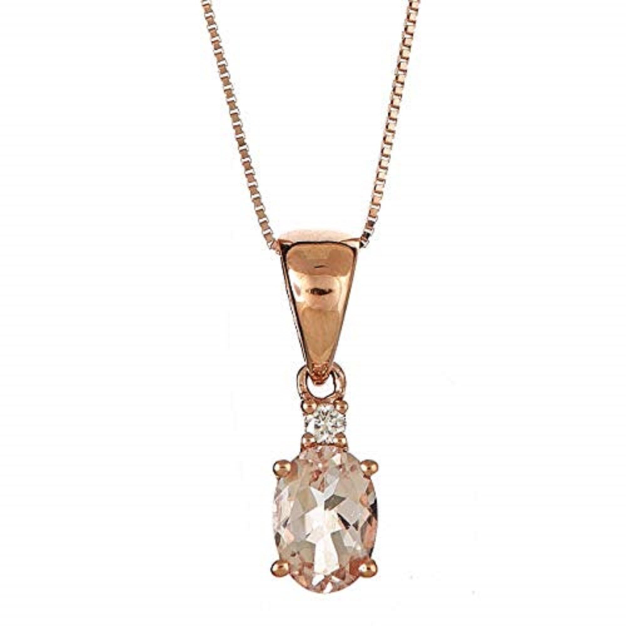 Oval Cut 0.77 Carat Oval-Cut Morganite with Diamond Accents 14K Rose Gold Pendant For Sale