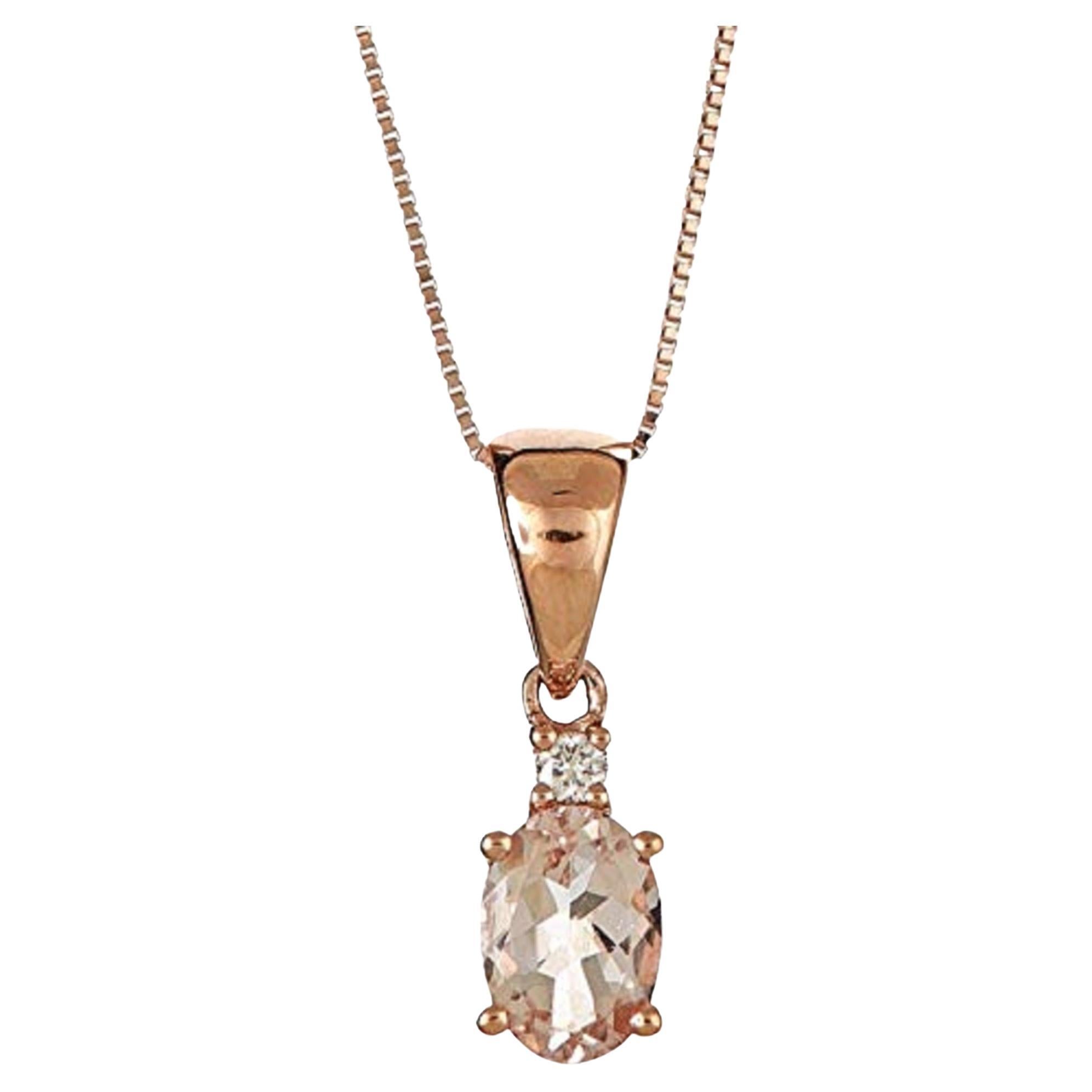 0.77 Carat Oval-Cut Morganite with Diamond Accents 14K Rose Gold Pendant For Sale