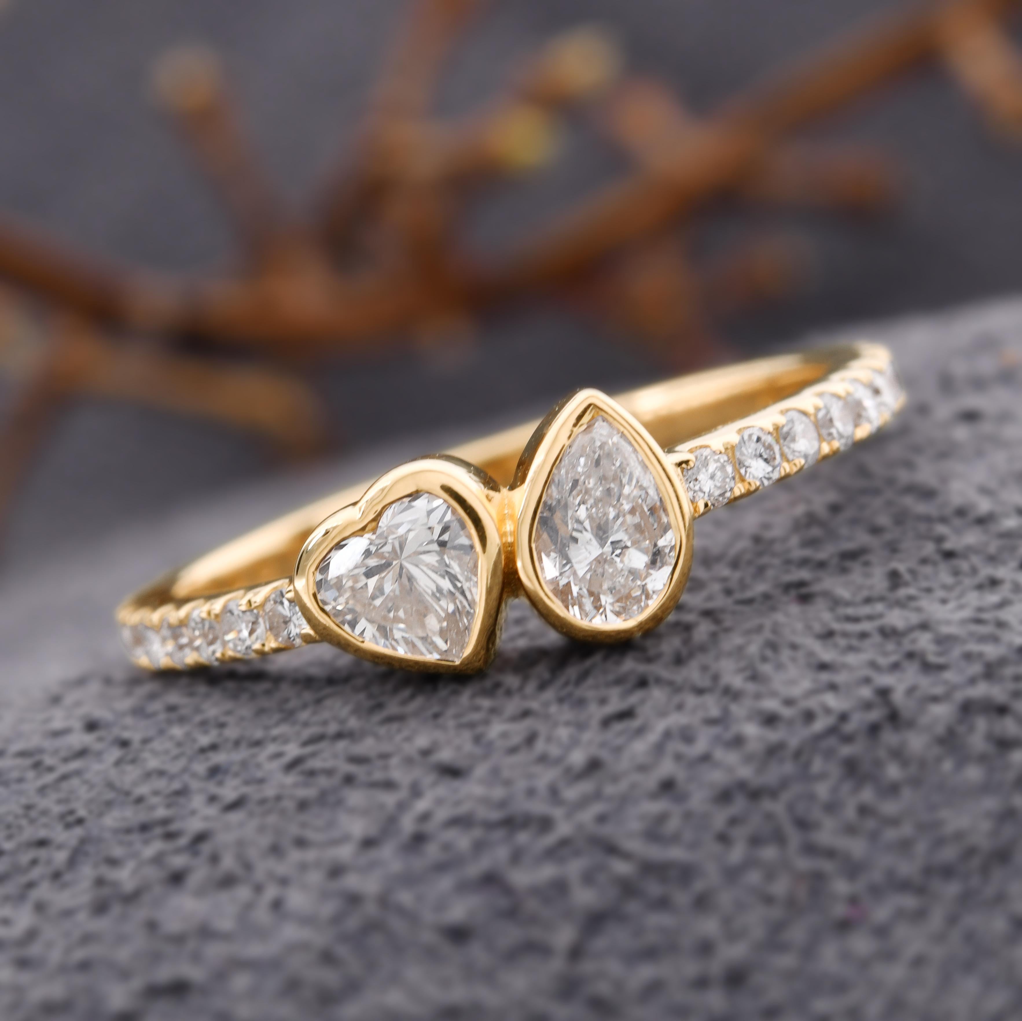 Modern 0.77 Carat Pear & Heart Cut Diamond Band Ring 14k Yellow Gold Handmade Jewelry For Sale